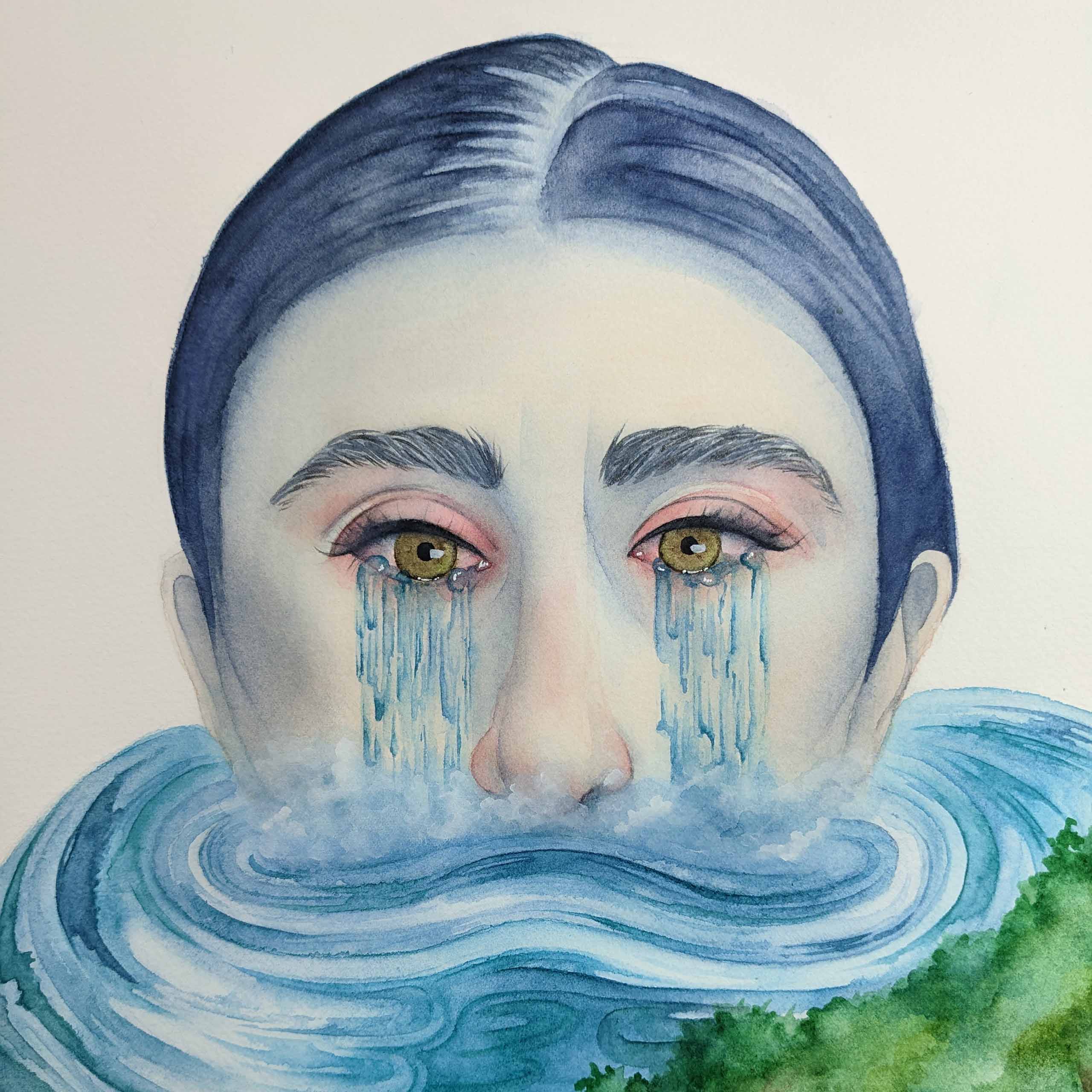 Surrealist watercolor painting of a woman crying waterfalls into a swirling ocean – emotional healing art for grief and introspection