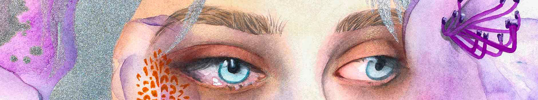 Close-up of a surreal hand-drawn watercolor painting by Paula Di Marco, showing emotionally expressive blue eyes with floral symbolism.
