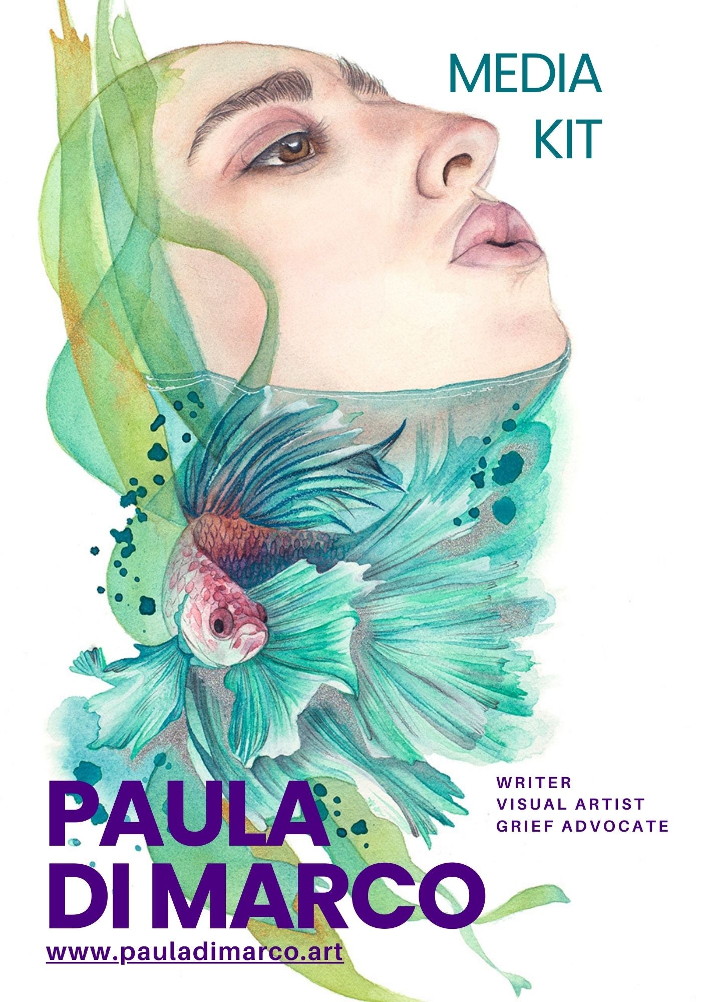 Media kit cover featuring a surrealist-style watercolor by Paula Di Marco. The artwork blends a woman's upward gaze with the flowing fins of a betta fish, creating a dreamlike, ethereal composition. Text includes “Paula Di Marco – Writer, Visual Artist, Grief Advocate” and her website. A striking example of the art of surrealism.