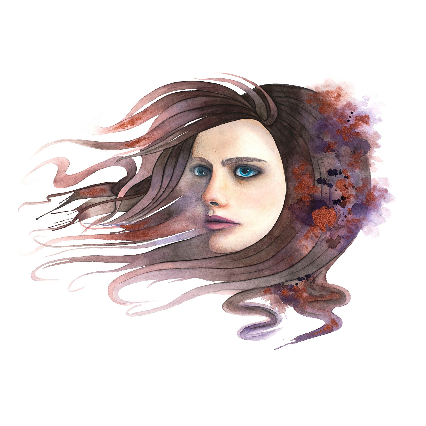 “Release” by Paula Di Marco – a surreal watercolor portrait of a woman with flowing auburn hair and piercing blue eyes, symbolizing emotional healing and freedom. Part of the Divine Feminine collection, ideal as emotionally charged wall art.