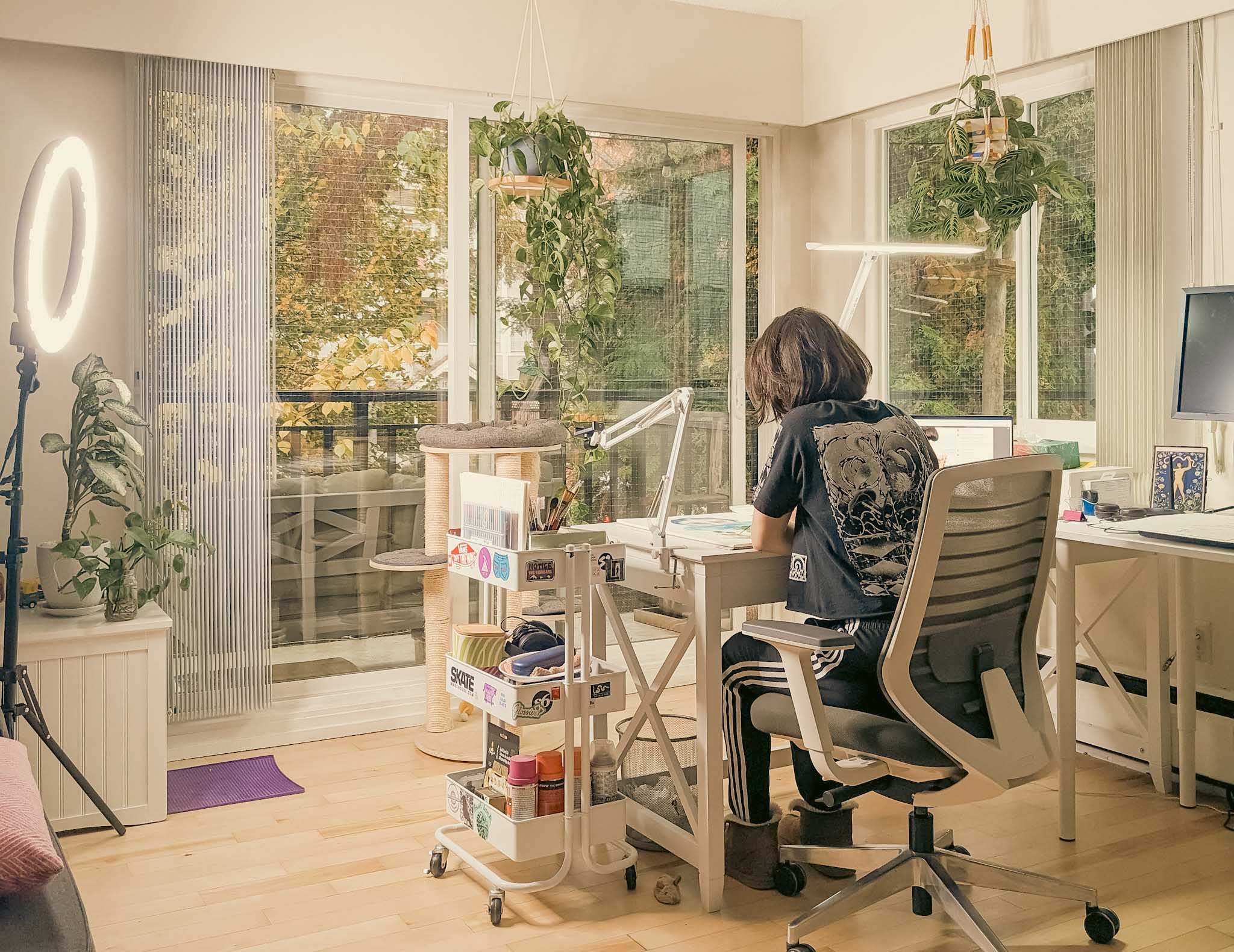 Artist Paula Di Marco painting in her sunlit home art studio surrounded by plants and watercolor supplies