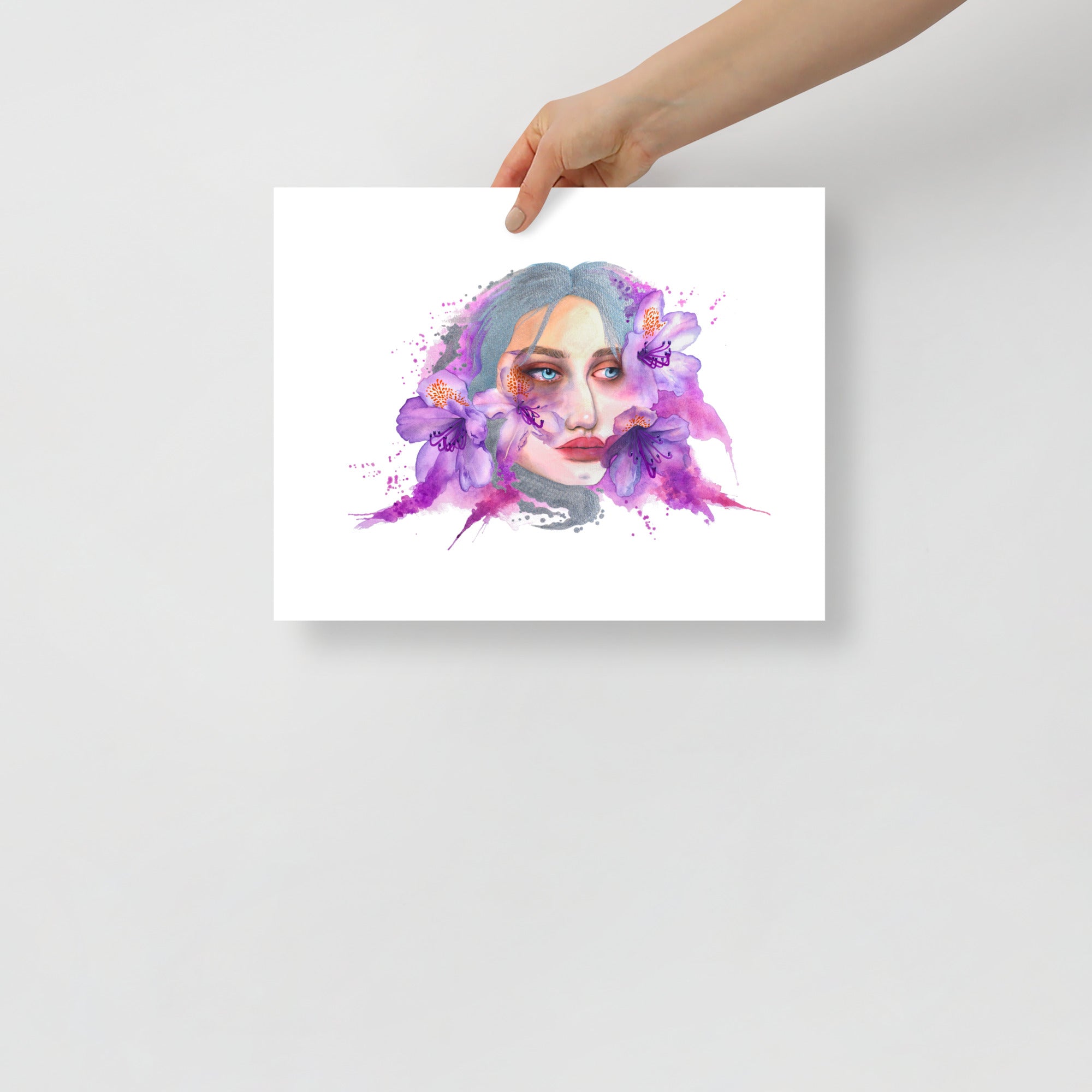 Let’s Sweep by Paula Di Marco – 16x20 surreal wall art print featuring an emotionally charged watercolor portrait surrounded by purple flowers. Giclée fine art poster from the Divine Feminine collection.