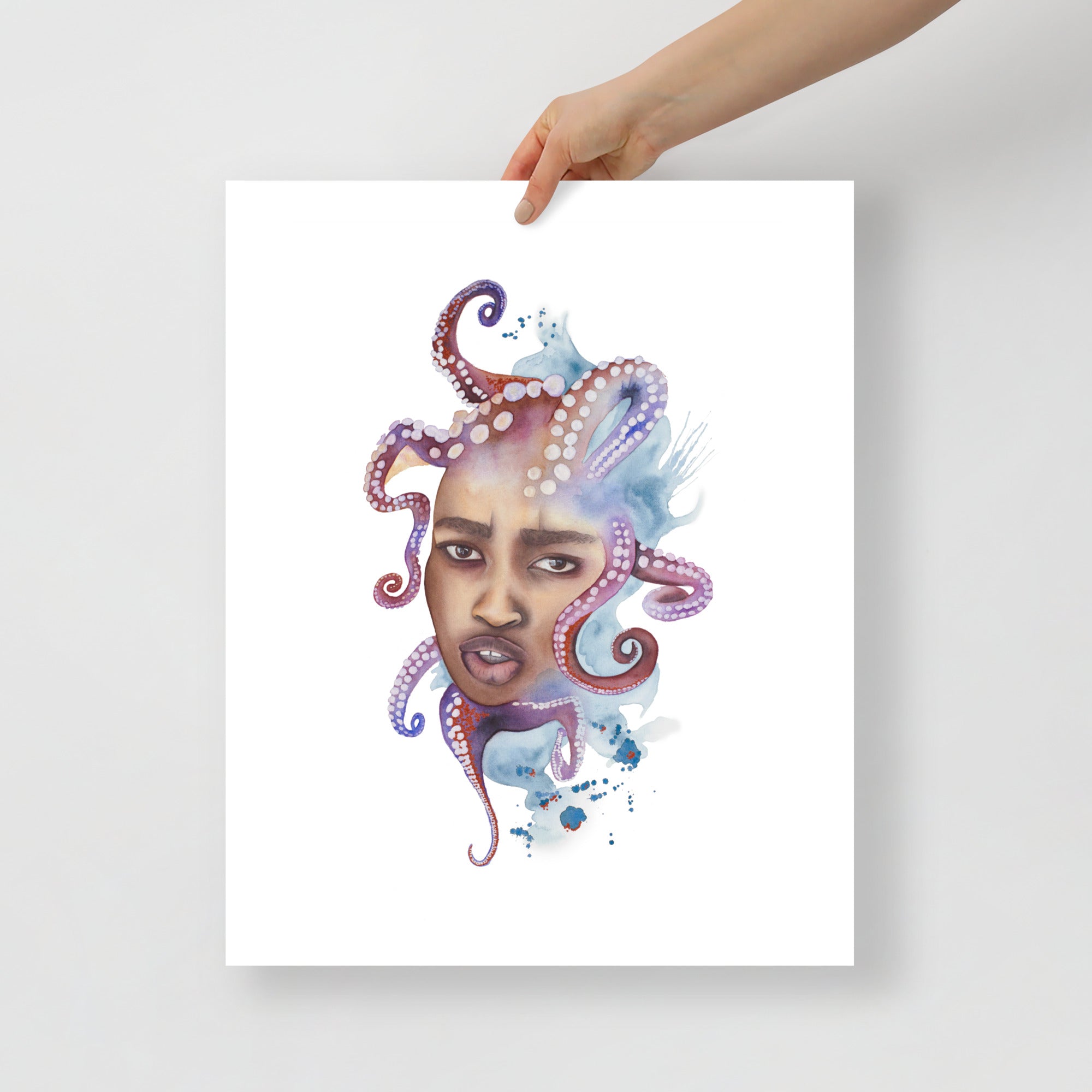 Tangled by Paula Di Marco (16x20 inch), surrealist watercolor featuring a woman entwined with octopus limbs