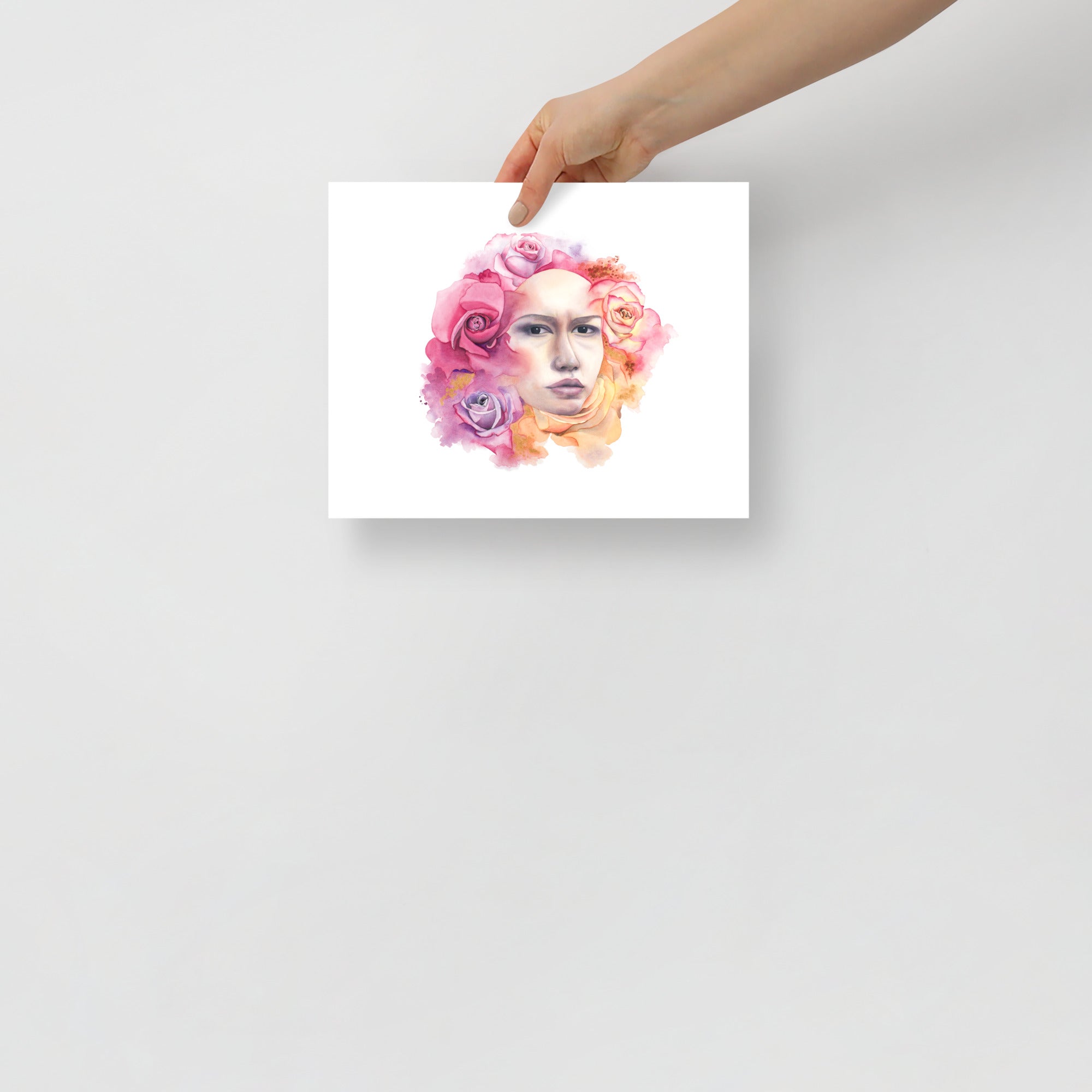 8x10 enhanced matte paper poster featuring Paula Di Marco’s watercolor painting A Quiet Moment, a surreal feminine portrait surrounded by soft pink and lavender roses, perfect for emotional healing wall art or mystical giclée prints.