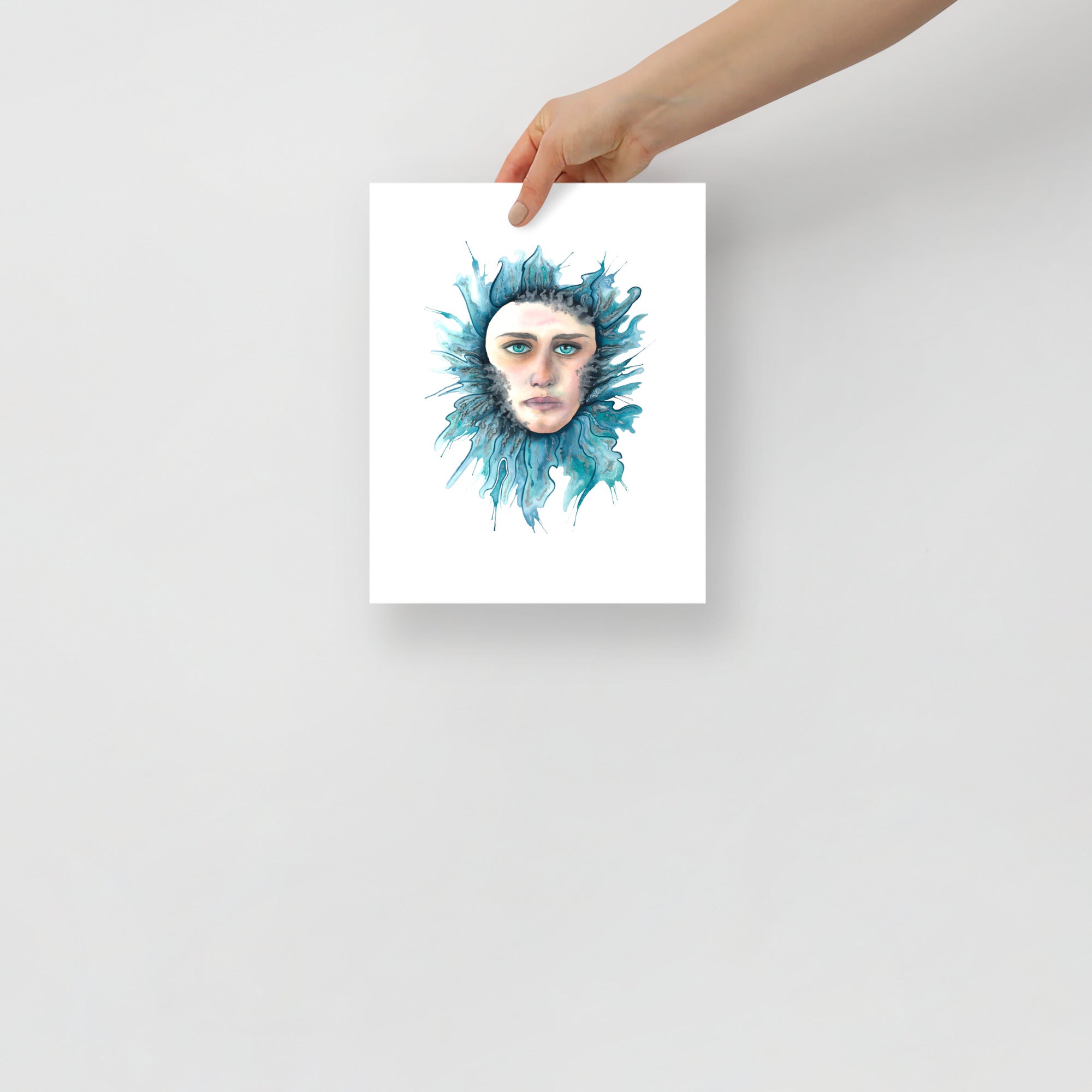 Drowning watercolor portrait by Paula Di Marco displayed in 8x10 print size, a surreal addition to healing-focused wall decor.