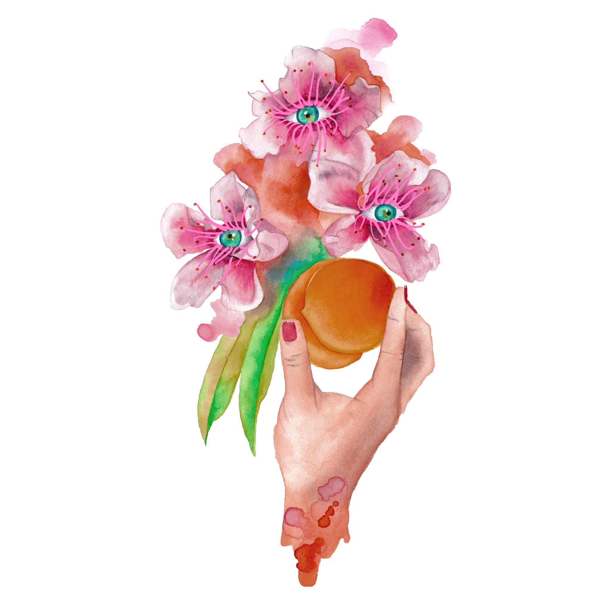 Forbidden Fruit’ by Paula Di Marco – a surreal watercolor painting of a hand holding a peach intertwined with blooming pink flowers, symbolizing sensuality, desire, and emotional awakening; printed as a giclée art print on archival paper.