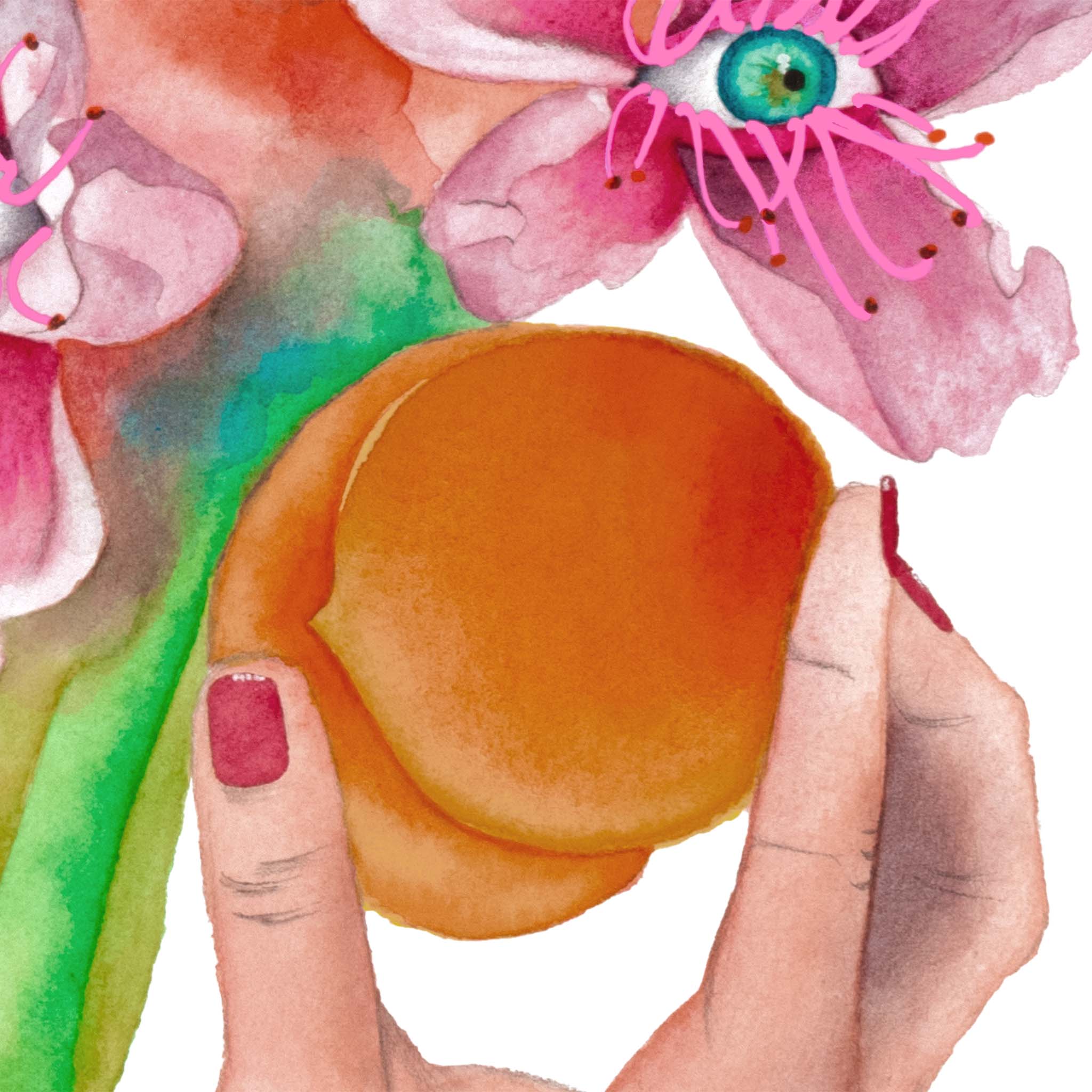 Close-up of a hand holding a ripe golden fruit beneath surreal pink blossoms, from Paula Di Marco’s watercolor painting ‘Forbidden Fruit’ — a giclée art print blending sensuality, emotional healing, and surrealist symbolism.
