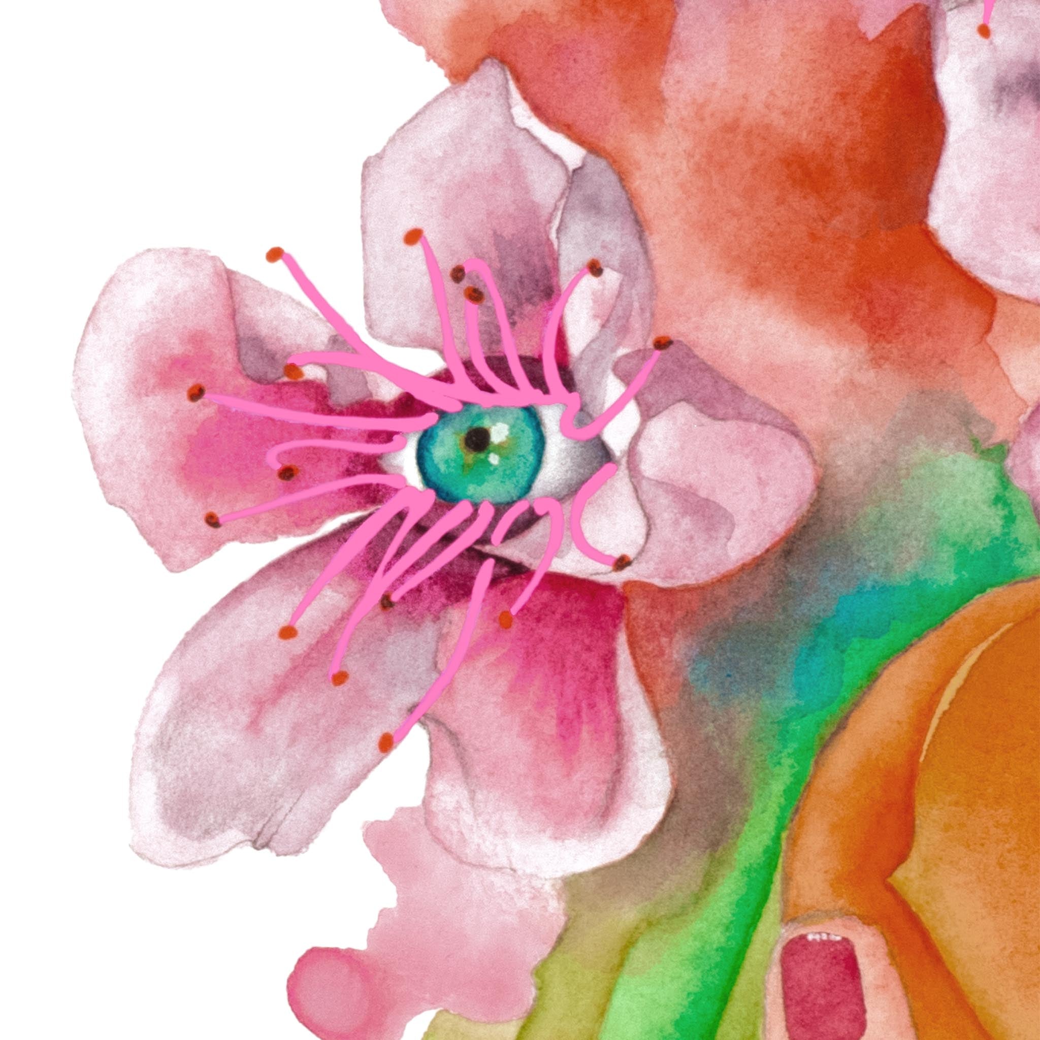 Close-up of a surreal pink flower with vivid green and teal center, part of Paula Di Marco’s watercolor painting ‘Forbidden Fruit’ — a giclée art print that explores sensuality, emotional awakening, and surrealist expression