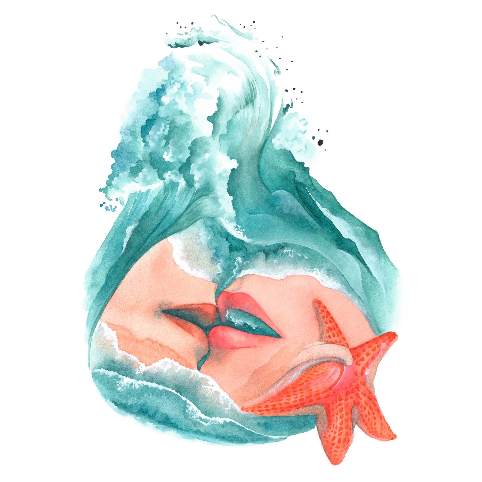 Surrealist watercolor painting of two lovers kissing beneath ocean waves with a starfish – emotionally charged wall art from the Playful Awakening collection by Paula Di Marco