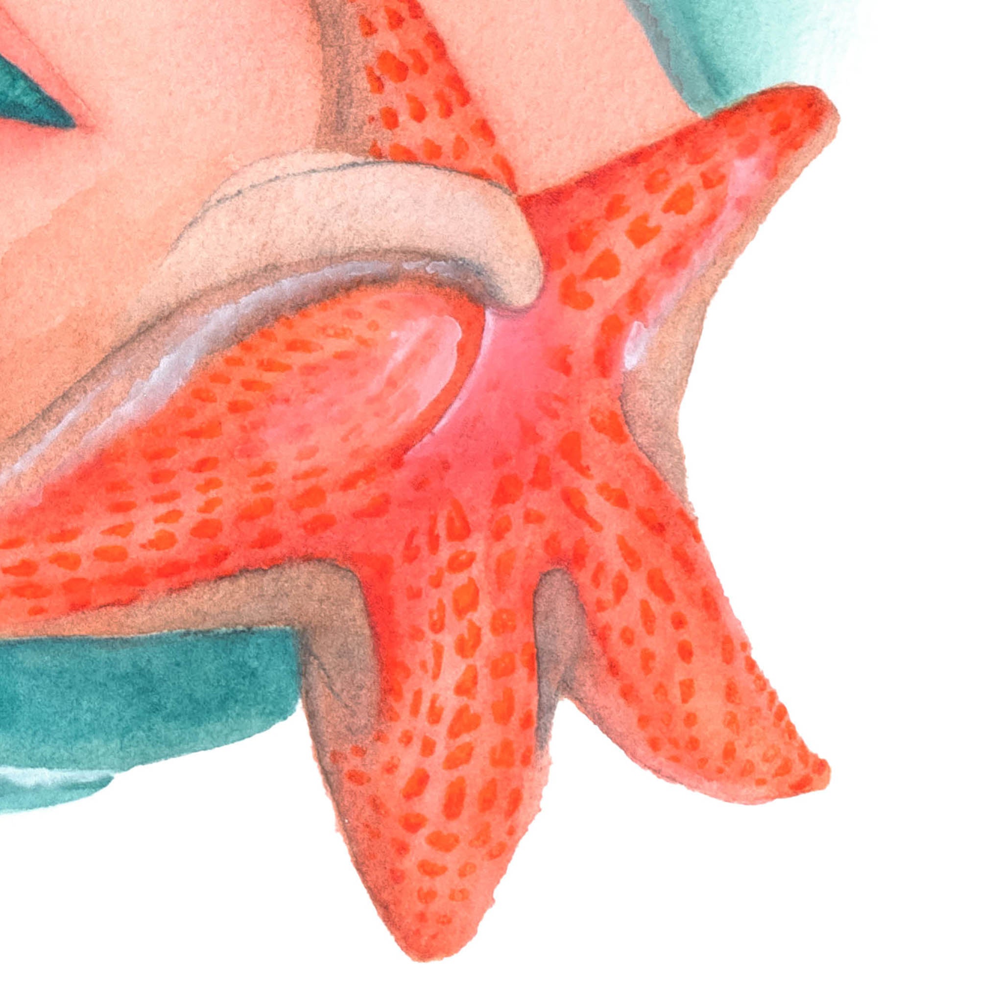 Close-up of a surreal watercolor starfish resting on skin — symbolic detail from Paula Di Marco’s emotionally charged painting ‘Kiss on the Beach’ in the Playful Awakening collection
