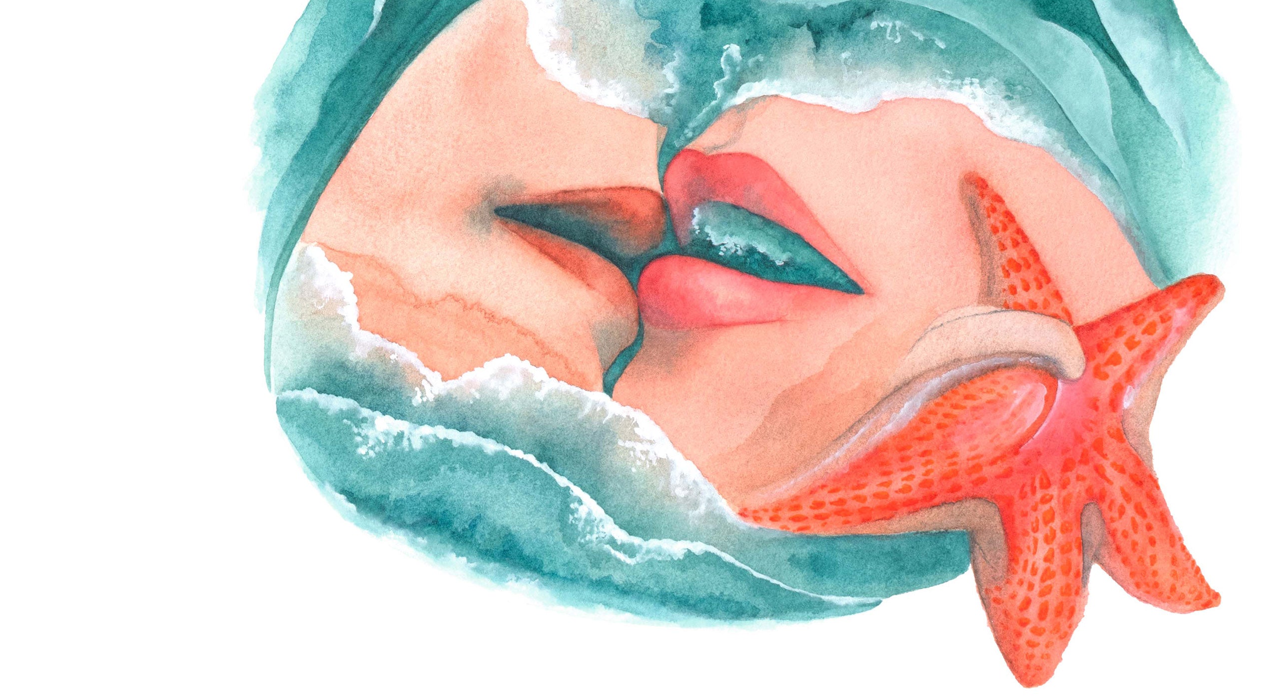 Surrealist watercolor painting of two lips kissing among ocean waves and a starfish – emotionally charged wall art