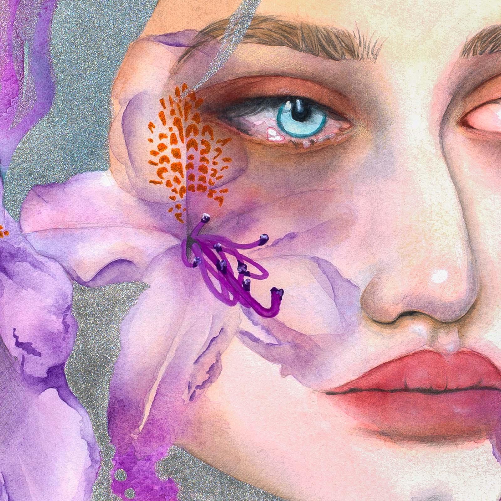 Surreal, emotionally charged watercolor close-up of a woman's face with blue eyes, red lips, and blooming azalea flowers. A detail from Let’s Sweep by Paula Di Marco, part of her Divine Feminine wall art print collection focused on emotional healing.