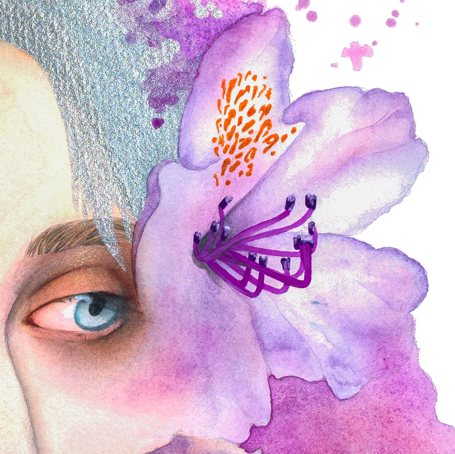 Detail from Let’s Sweep by Paula Di Marco – surreal watercolor artwork featuring a dreamy blue eye partially veiled by a blooming purple azalea. Part of the Divine Feminine wall art collection, themed around emotional healing and introspection.