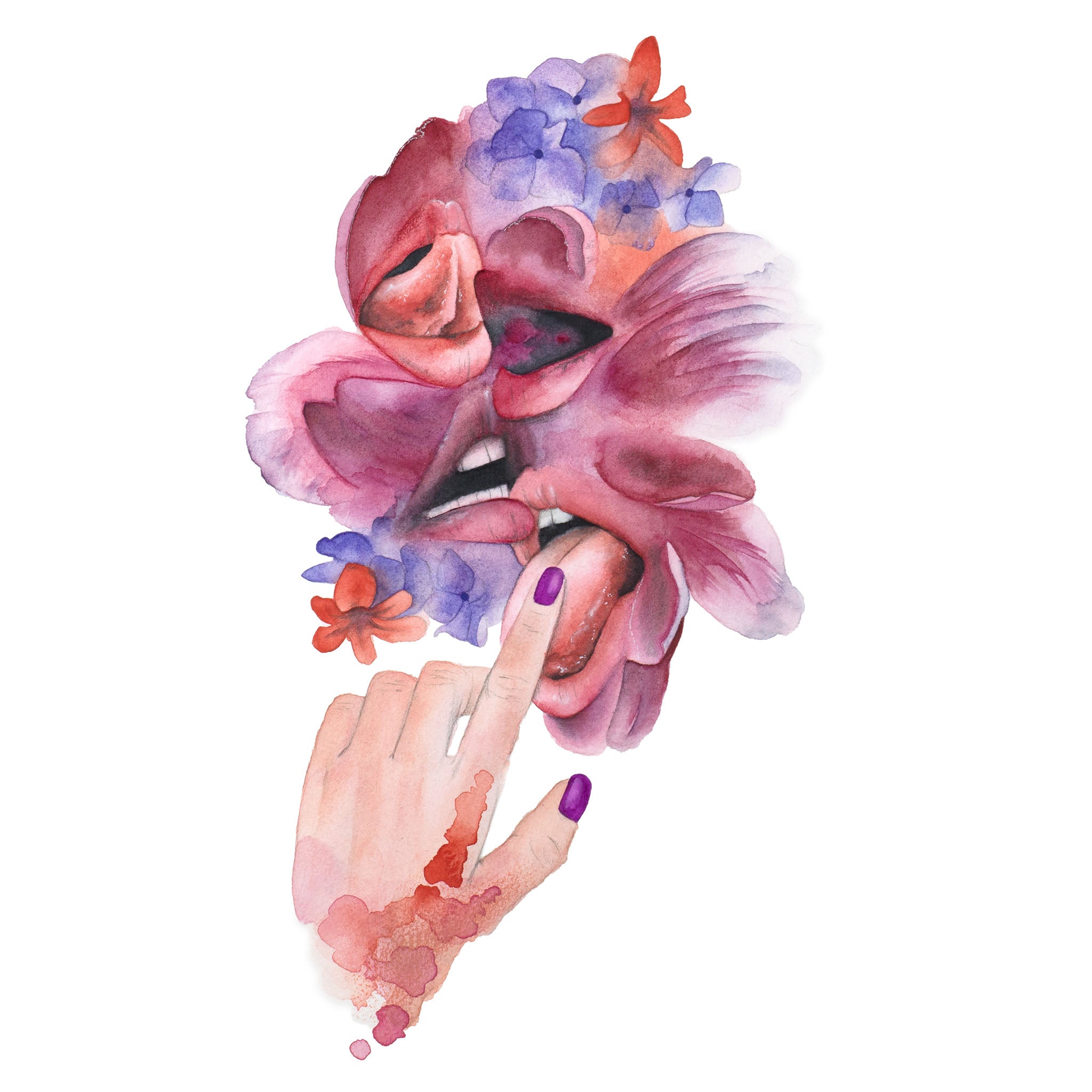 Close-up of a surreal watercolor composition featuring tongues, lips, and a hand with violet nails surrounded by abstract flowers — emotionally charged artwork by Paula Di Marco from the Playful Awakening collection