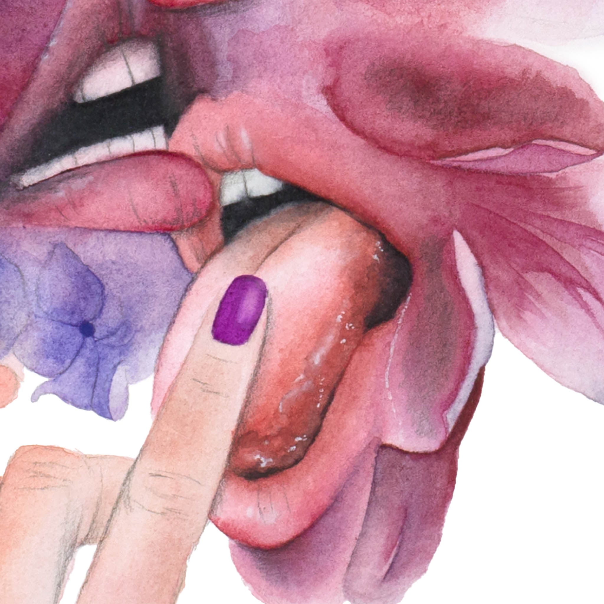 Extreme close-up of a surreal watercolor giclée print featuring intertwined tongues and a purple-painted fingertip — emotionally charged and sensual artwork by Paula Di Marco from the Playful Awakening collection