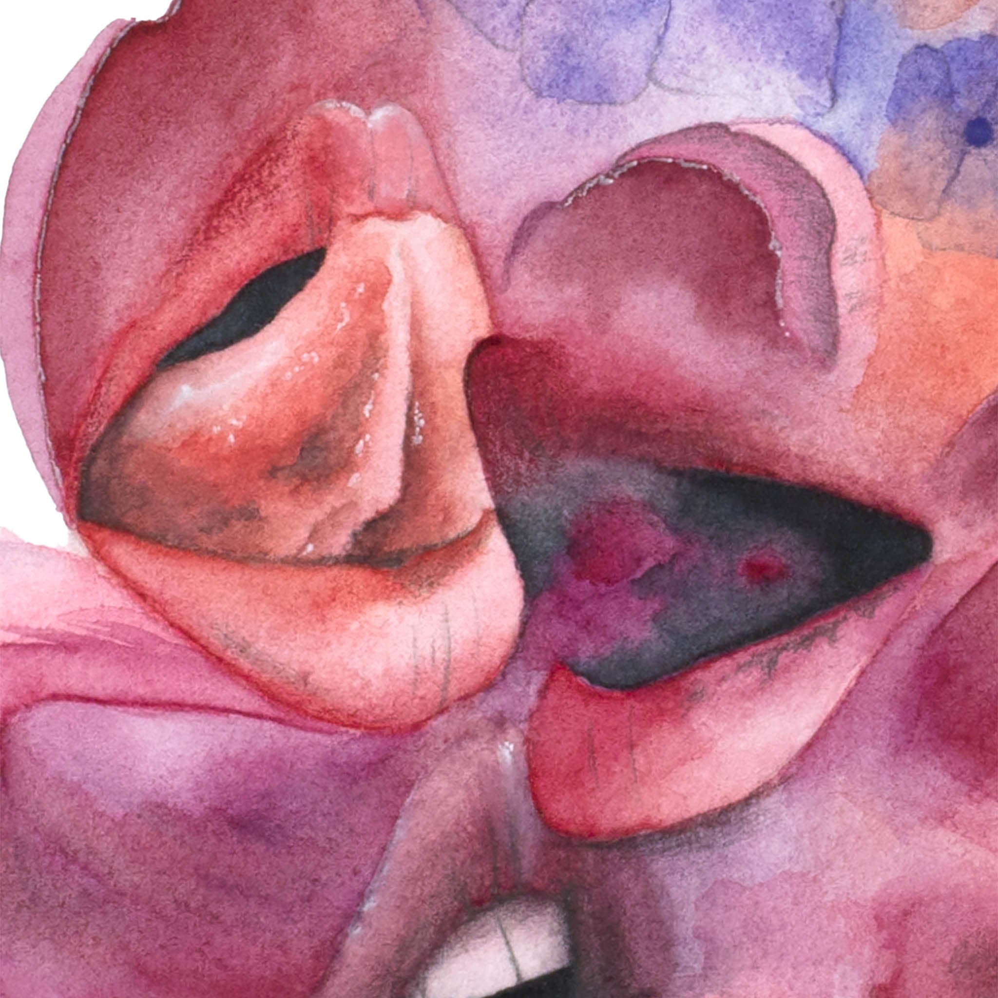 Sensual close-up from Paula Di Marco’s surreal watercolor giclée print ‘Make Out Session,’ featuring abstracted lips and tongues in an emotionally charged, dreamlike embrace