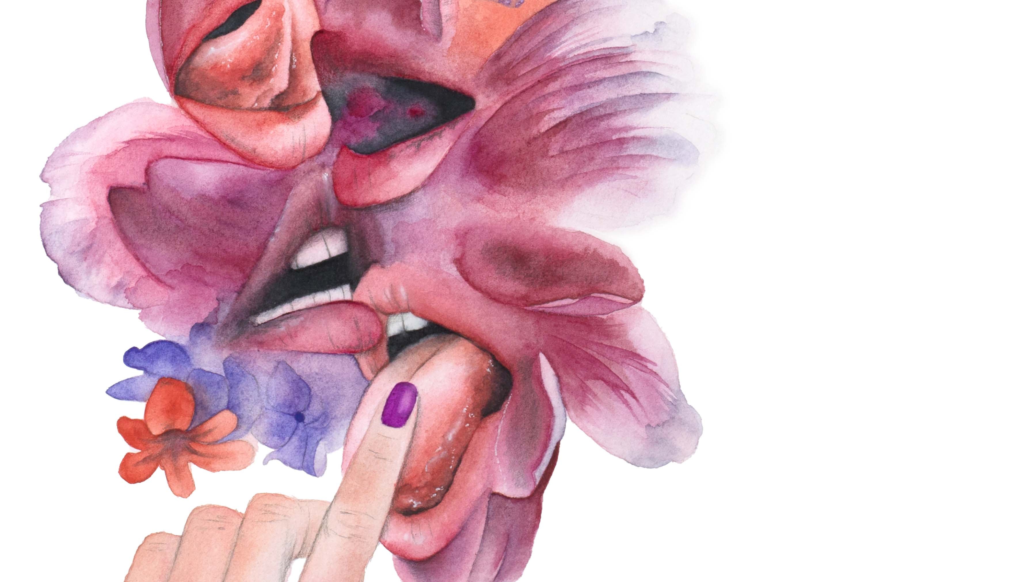 Close-up of Paula Di Marco’s hand-drawn watercolor painting 'Make Out Session'—a surrealist, emotionally charged piece exploring intimacy and sensuality through expressive brushwork and vibrant hues. Part of her mystical watercolor wall art collection supporting emotional healing.