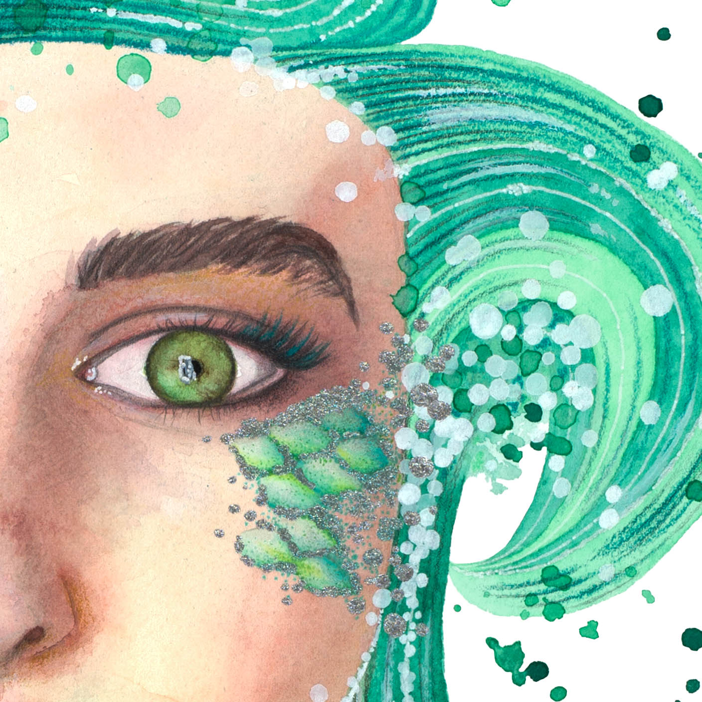 Closeup of Mermaid by Paula Di Marco, a surreal green-haired portrait with glittery scales and dreamy eyes, perfect for emotionally healing wall art.