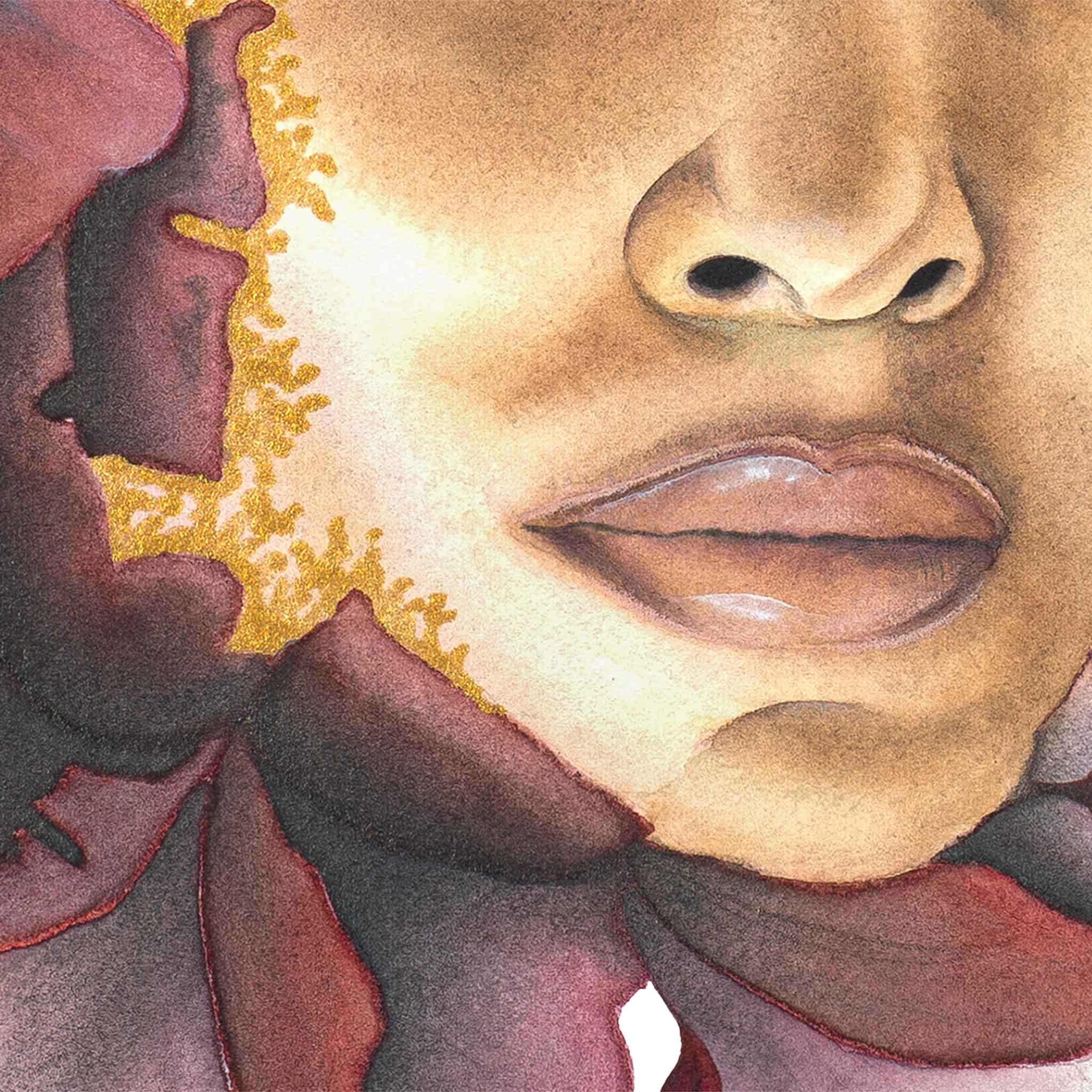 Detail from Pensive Bloom by Paula Di Marco – a close-up of a woman’s lips and golden skin, framed by deep crimson petals. Archival giclée print captures the texture and warmth of the Divine Feminine series