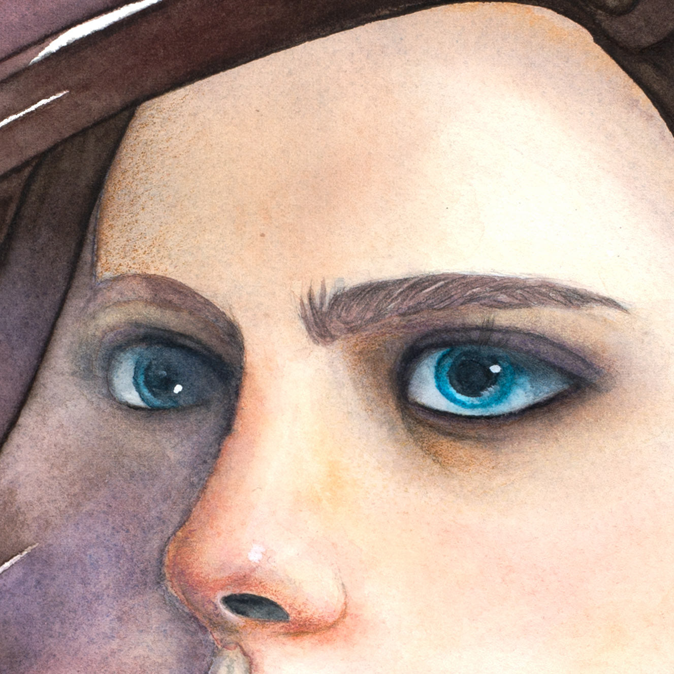 Close-up of the piercing blue eyes from “Release” by Paula Di Marco – a surreal portrait symbolizing emotional healing and inner strength, perfect for expressive wall art.