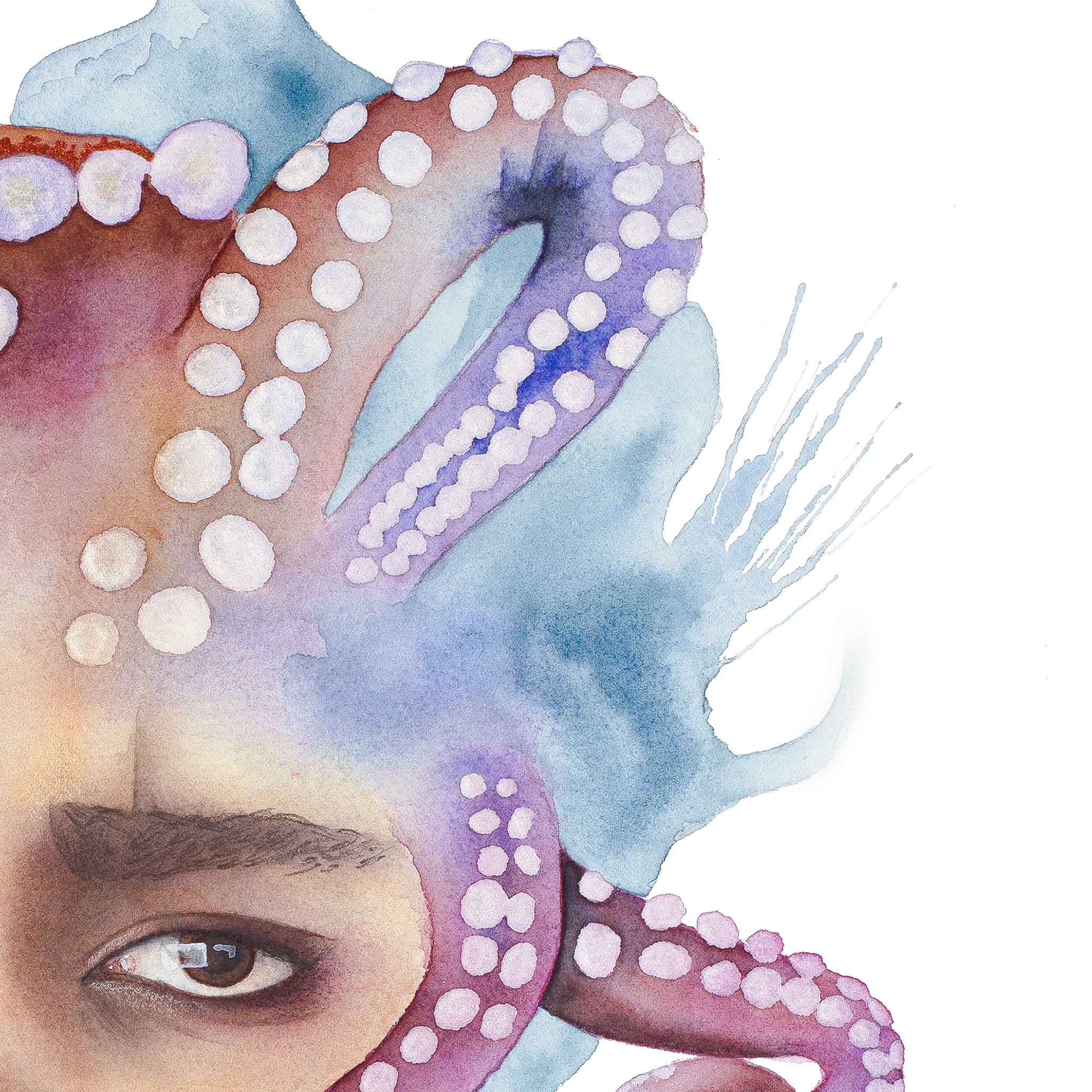 Detail of surreal watercolor showing tentacles and pearl-like textures near a woman's eye, artwork by Paula Di Marco