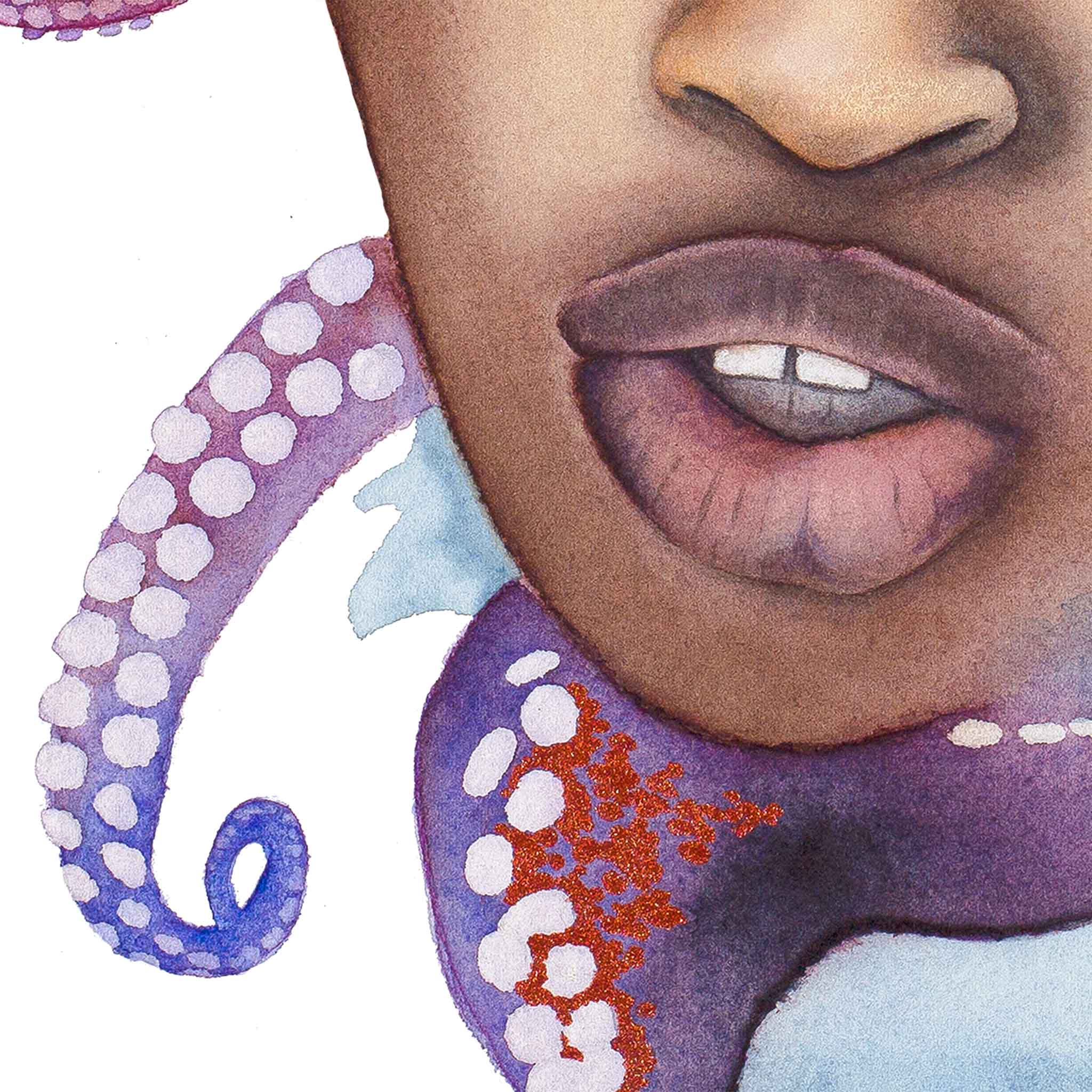 Emotionally charged close-up of lips and curling octopus limbs in surreal watercolor painting by Paula Di Marco
