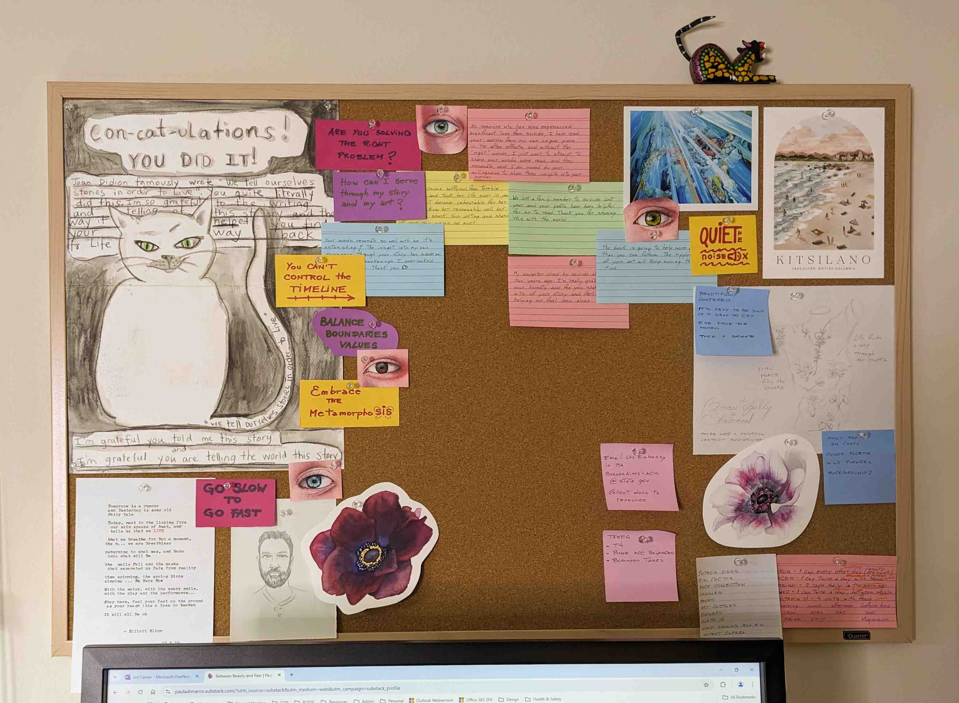 A corkboard filled with colorful notes, drawings, and postcards, including a large cat sketch and a Kitsilano card.