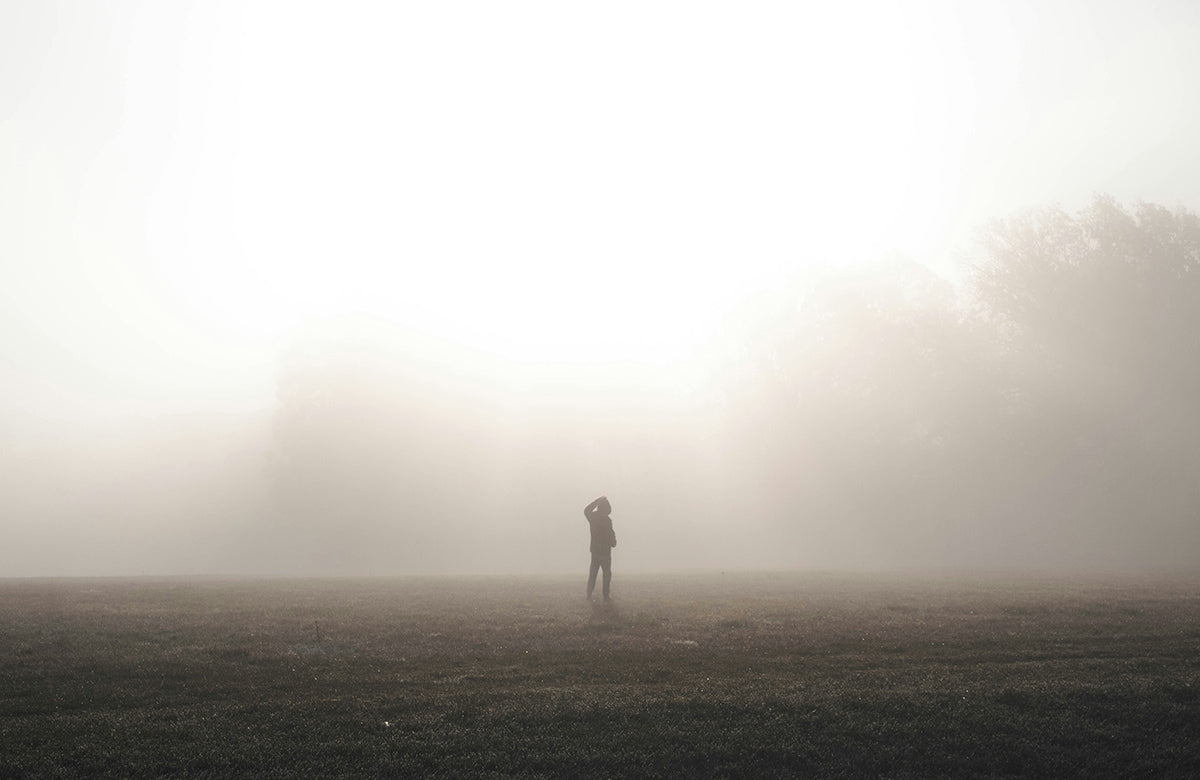 Man standing on agriculture field in the morning fog