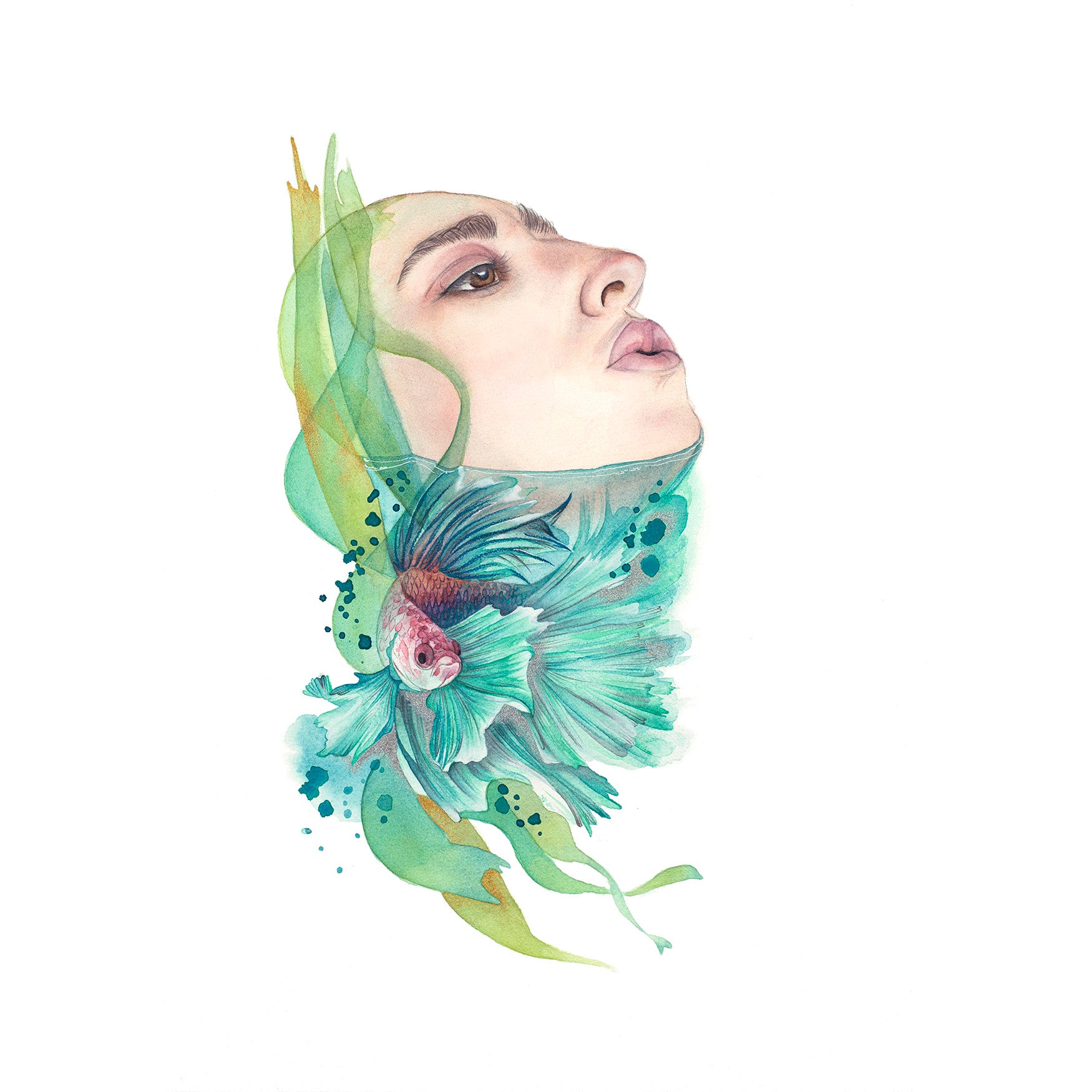 A Breath of Air by Paula Di Marco – giclée fine art print featuring a surreal female figure merging with seaweed, betta fish, and oceanic flow. Part of the Divine Feminine collection. Archival watercolor artwork available unframed.