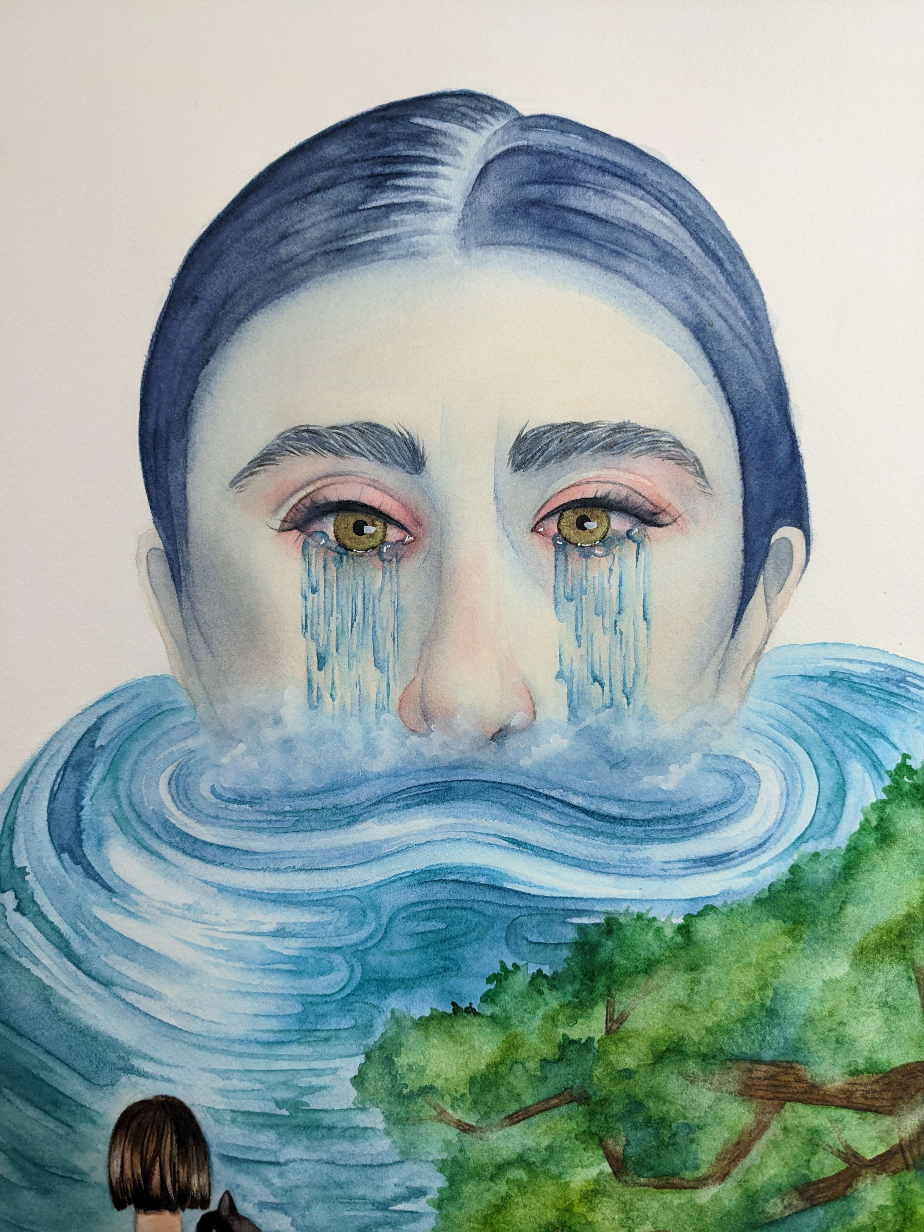 Emotionally charged watercolor wall art of a woman crying waterfalls into a swirling ocean, watched by a figure with a cat – surrealist style hand-drawn painting by Paula Di Marco