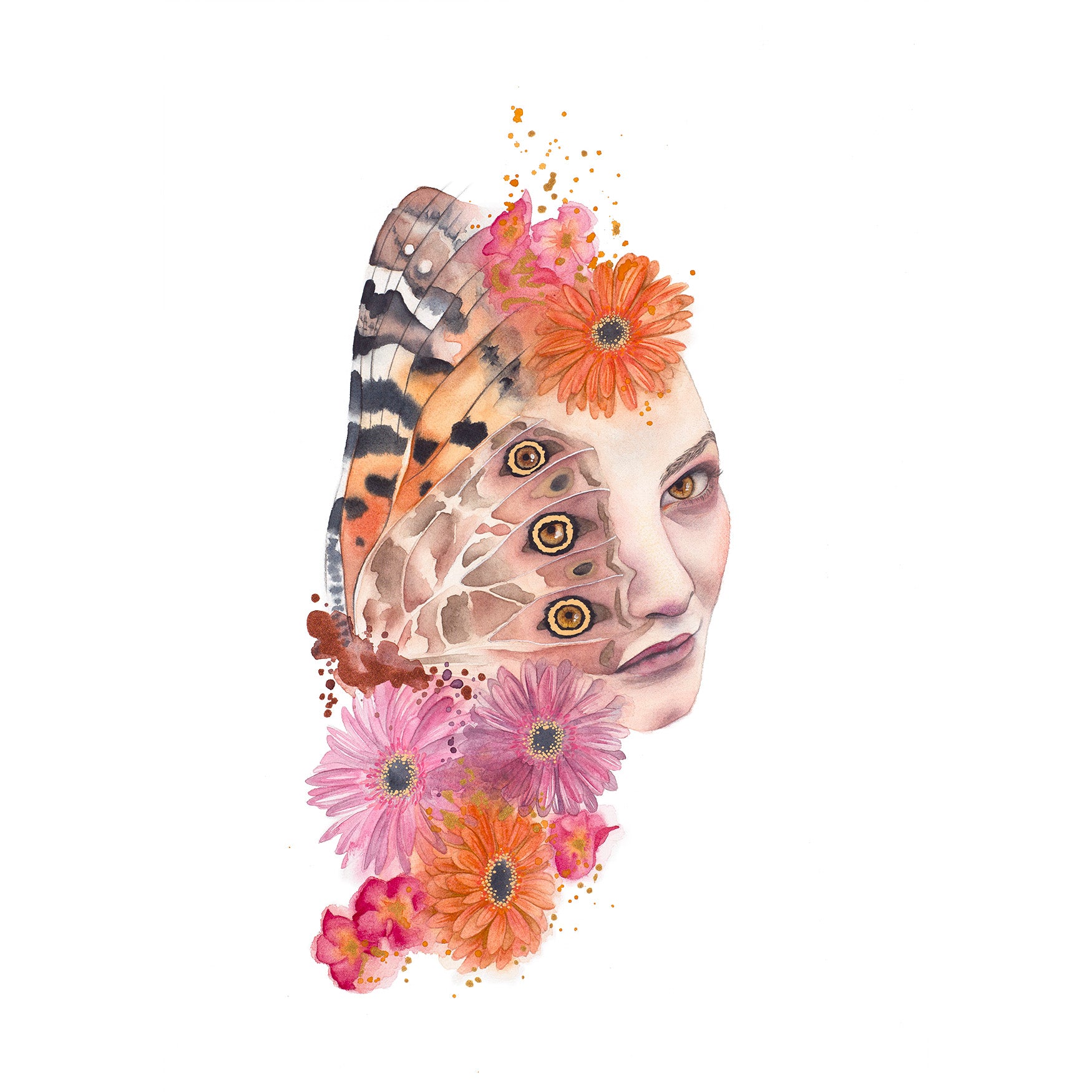 Look Closer by Paula Di Marco – a surreal watercolor portrait blending a woman’s face with butterfly wings and blooming orange daisies and pink gerberas. Fine art giclée print on archival paper from the Divine Feminine collection.