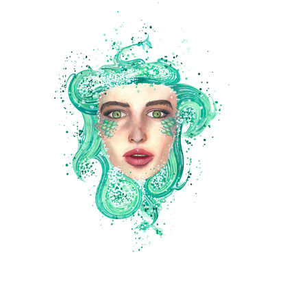Mermaid by Paula Di Marco – a surreal, emotionally charged giclée wall art print featuring an ethereal green watercolor portrait inspired by oceanic elements and divine femininity.