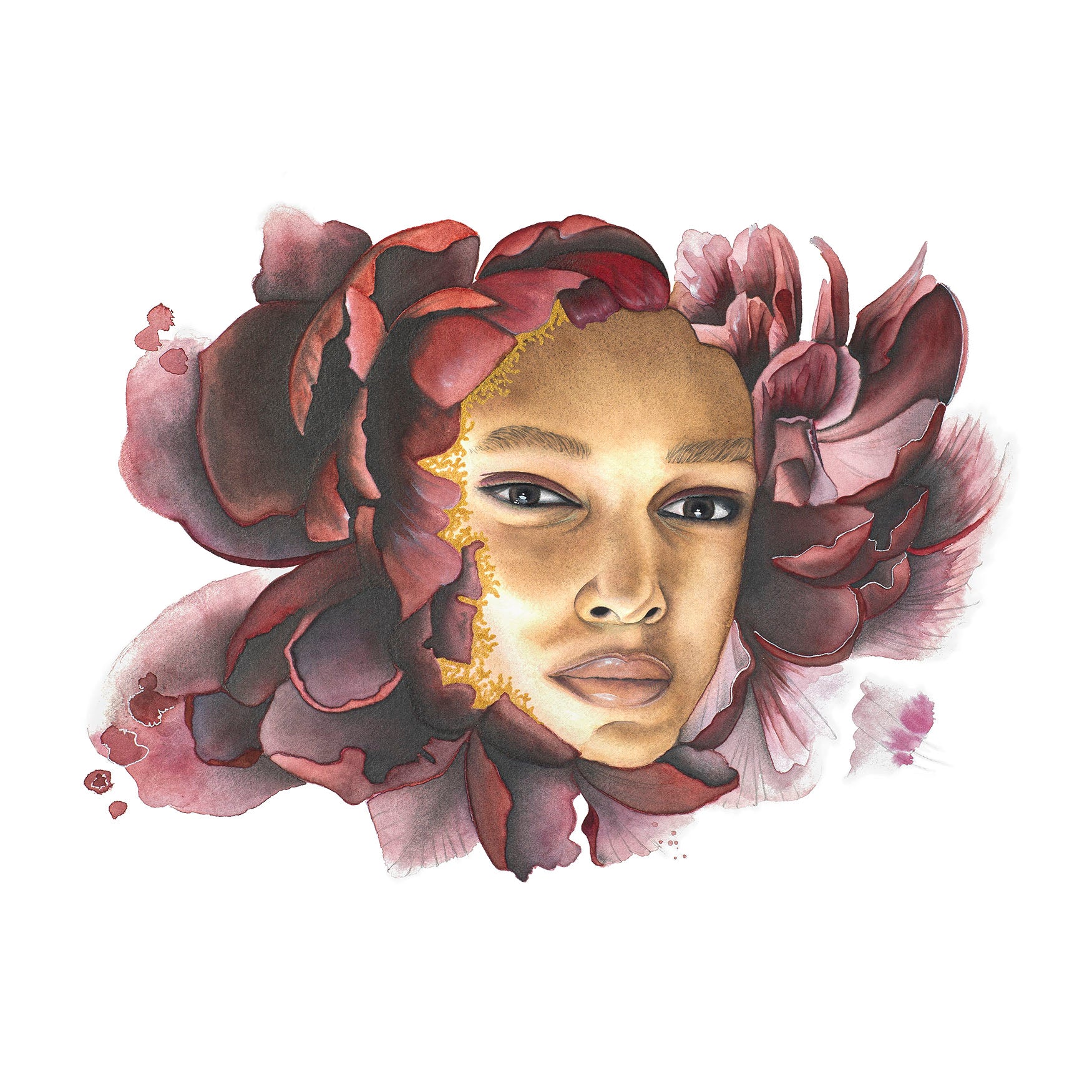 Pensive Bloom giclée print by Paula Di Marco – contemplative portrait of a woman enveloped in deep crimson and burgundy petals with golden facial details. Part of the Divine Feminine series, printed on archival matte paper.