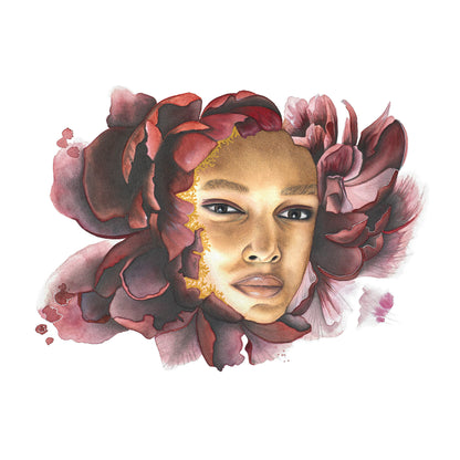 Pensive Bloom giclée print by Paula Di Marco – contemplative portrait of a woman enveloped in deep crimson and burgundy petals with golden facial details. Part of the Divine Feminine series, printed on archival matte paper.