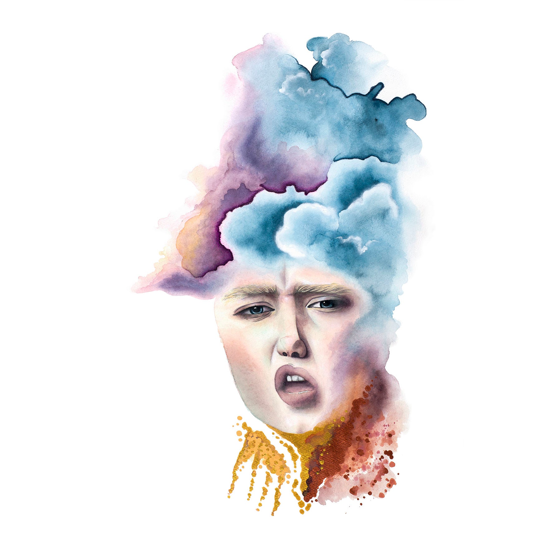 Tormented” by Paula Di Marco – a surreal watercolor portrait from the Divine Feminine collection, capturing anguish and internal storms with emotionally charged expression. Ideal for emotional healing wall art.