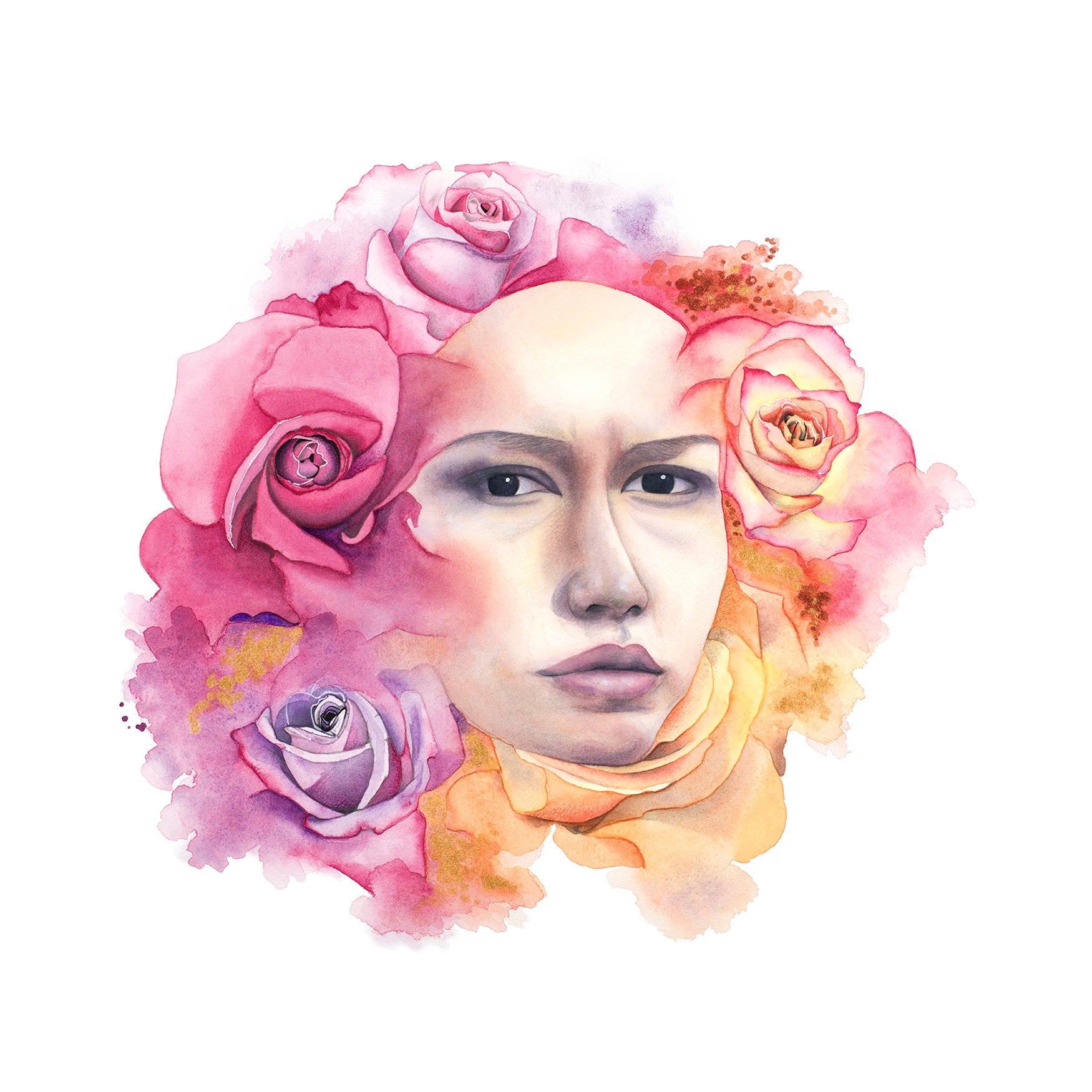 ‘A Quiet Moment’ by Paula Di Marco – a surreal watercolor portrait of a woman surrounded by softly blended roses in pink, peach, and violet. This emotionally charged artwork explores inner strength and silent reflection, part of Paula’s mystical watercolor wall art collection for healing and stillness.