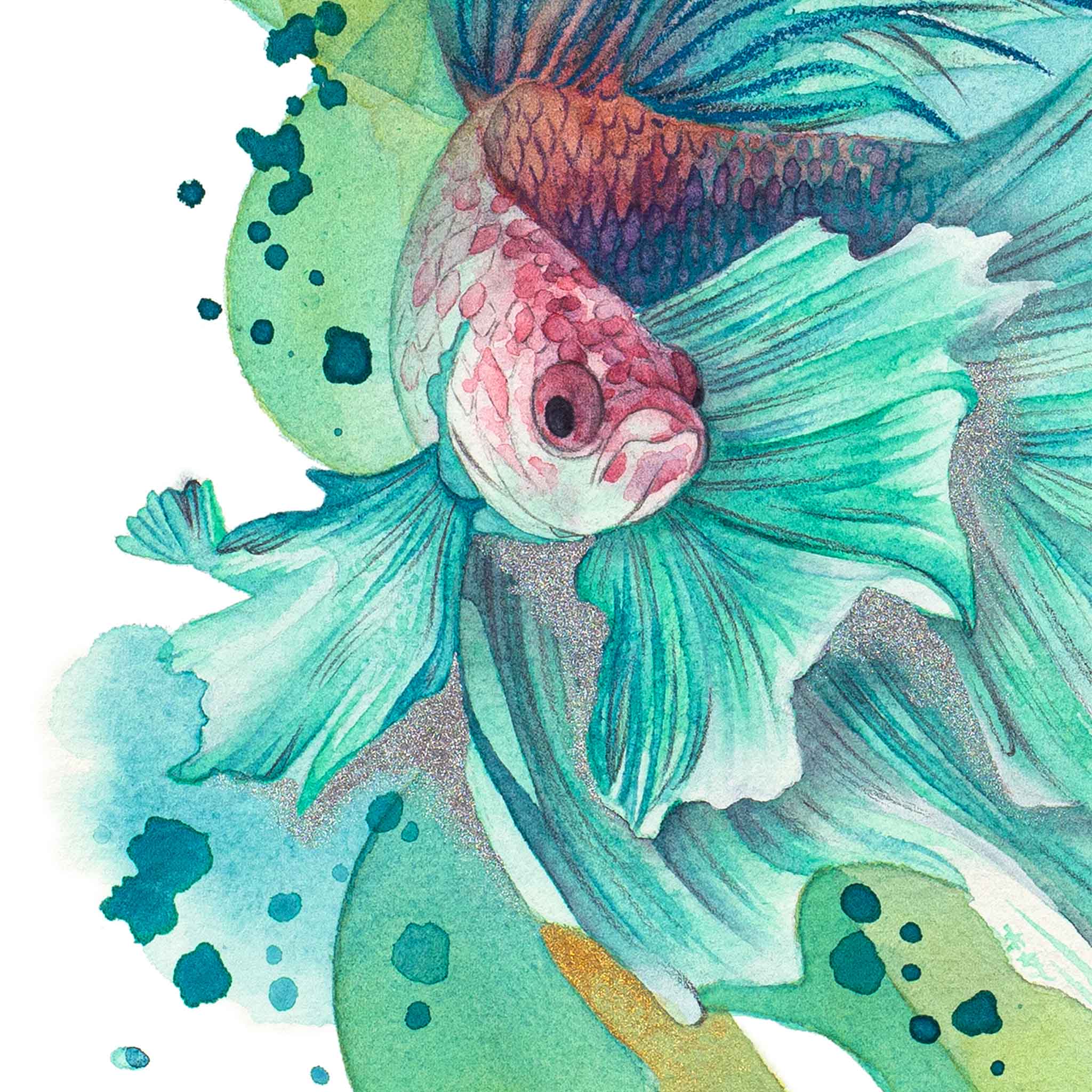 Close-up of "A breath of air" a surreal hand-drawn watercolor painting by Paula Di Marco featuring a vibrant betta fish in teal and coral tones, symbolizing emotional healing and fluidity, ideal for mystical watercolor wall art or framed giclée prints.