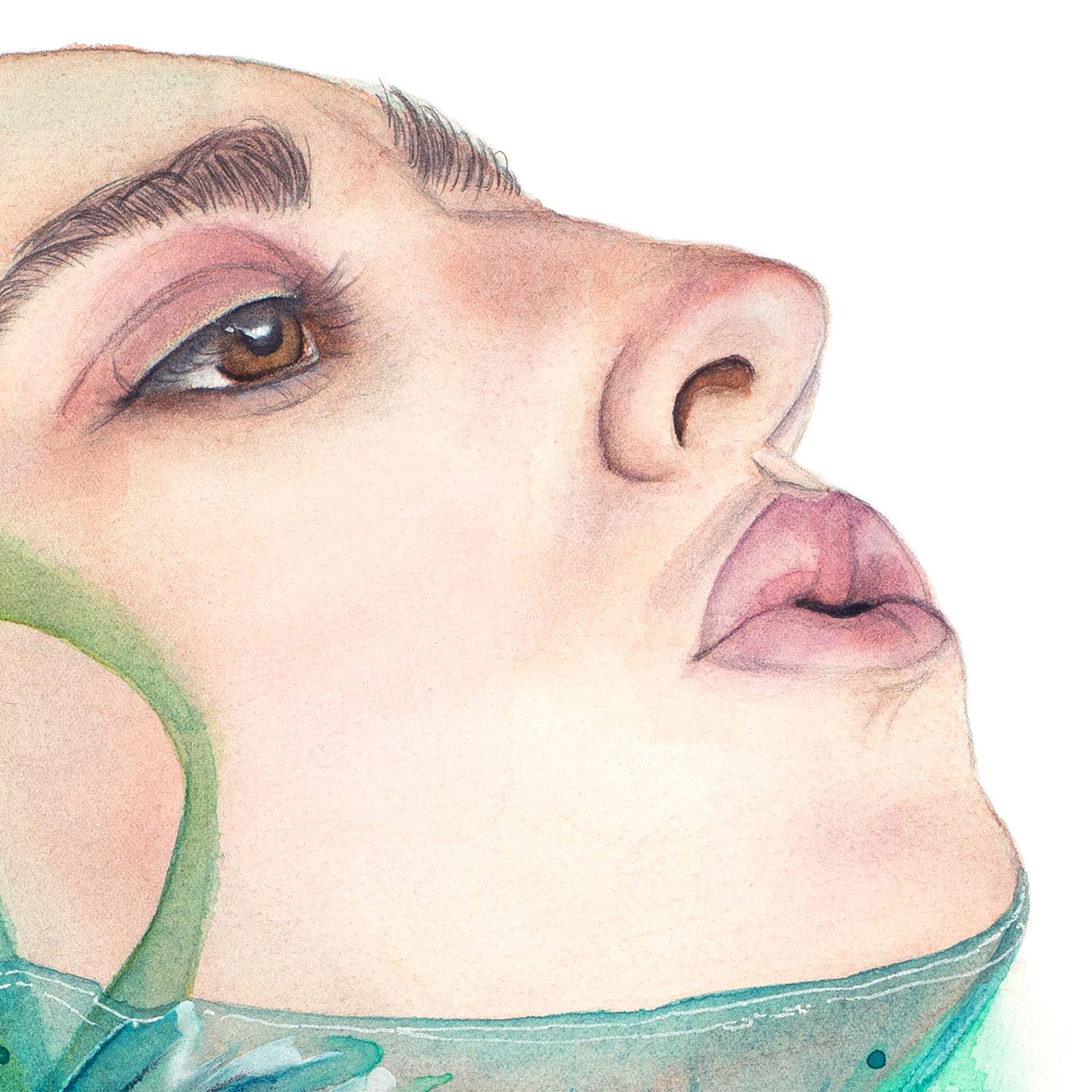 Close-up of A Breath of Air by Paula Di Marco – watercolor painting highlighting a serene feminine face with soft lips and expressive eyes, symbolizing stillness and breath. Giclée print detail from the Divine Feminine series.