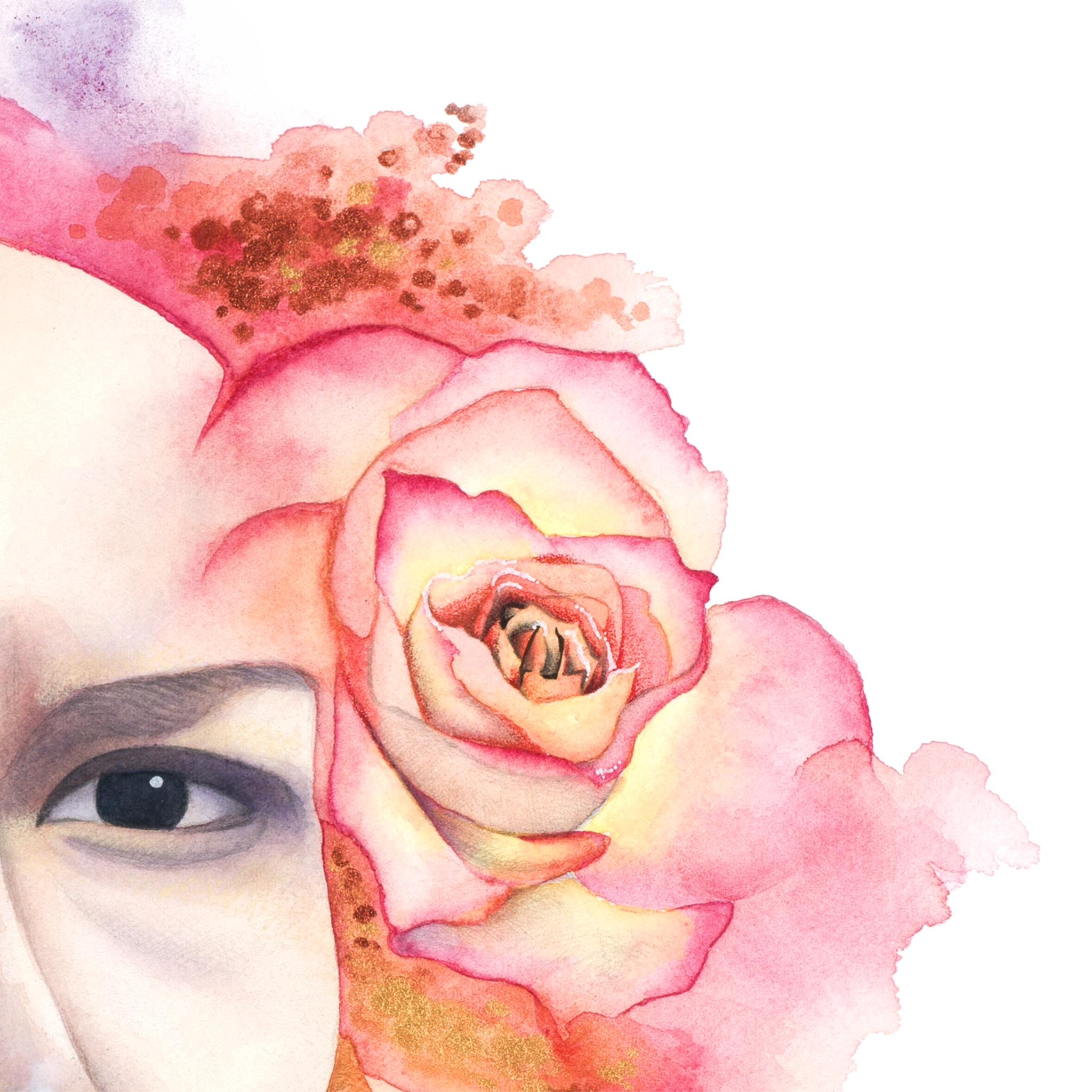 Close-up of a watercolor painting titled A Quiet Moment by Paula Di Marco, featuring a golden rose with pink edges blending into a woman's calm face, accented with warm floral hues and golden textures. Part of the Divine Feminine collection.