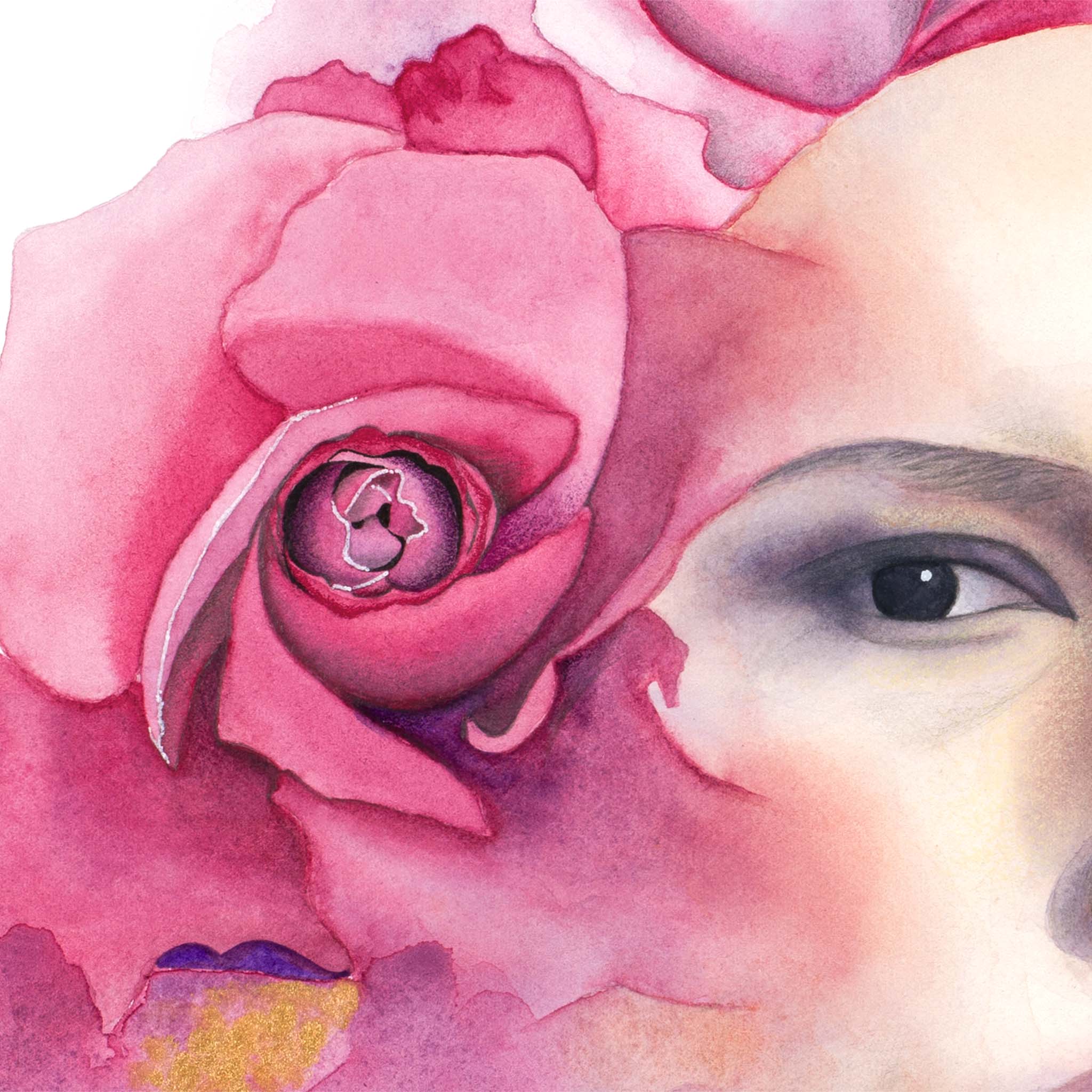 Detail of A Quiet Moment by Paula Di Marco, showing a deep pink rose blending into a woman's eye and soft facial contours, symbolizing inner reflection and feminine strength