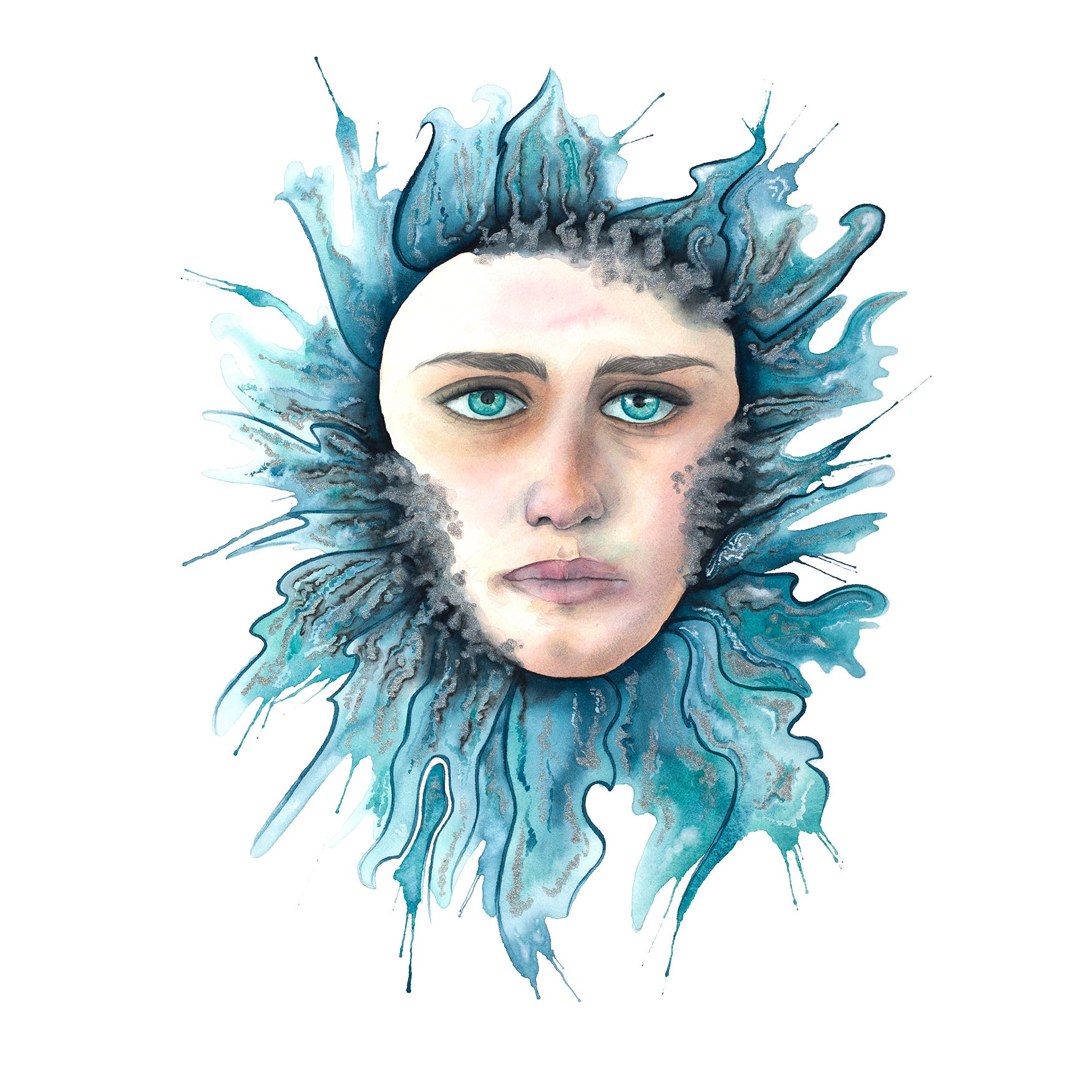 Original painting ‘Drowning’ by Paula Di Marco – a surreal watercolor portrait of a woman’s face engulfed in dark teal waves and dripping textures. This emotionally charged piece explores themes of overwhelm, grief, and emotional surrender—part of Paula’s mystical watercolor wall art collection for healing and introspection.