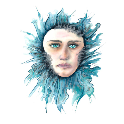 Original painting ‘Drowning’ by Paula Di Marco – a surreal watercolor portrait of a woman’s face engulfed in dark teal waves and dripping textures. This emotionally charged piece explores themes of overwhelm, grief, and emotional surrender—part of Paula’s mystical watercolor wall art collection for healing and introspection.