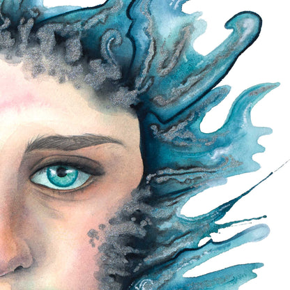 Closeup of the eyes and swirling oceanic hair from Paula Di Marco’s Drowning, evoking introspection and emotional depth.