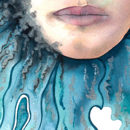 Detail of the lips and water textures in Drowning by Paula Di Marco, a surreal and emotionally expressive watercolor print. A part of the Divine 