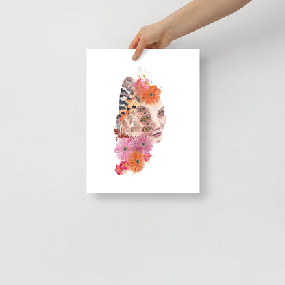 Look Closer by Paula Di Marco – giclée fine art print featuring a surreal female portrait merging with butterfly wings and vibrant florals. 11x14" unframed poster from the Divine Feminine collection.