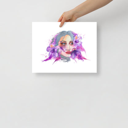 Let’s Sweep by Paula Di Marco – 16x20 surreal wall art print featuring an emotionally charged watercolor portrait surrounded by purple flowers. Giclée fine art poster from the Divine Feminine collection.