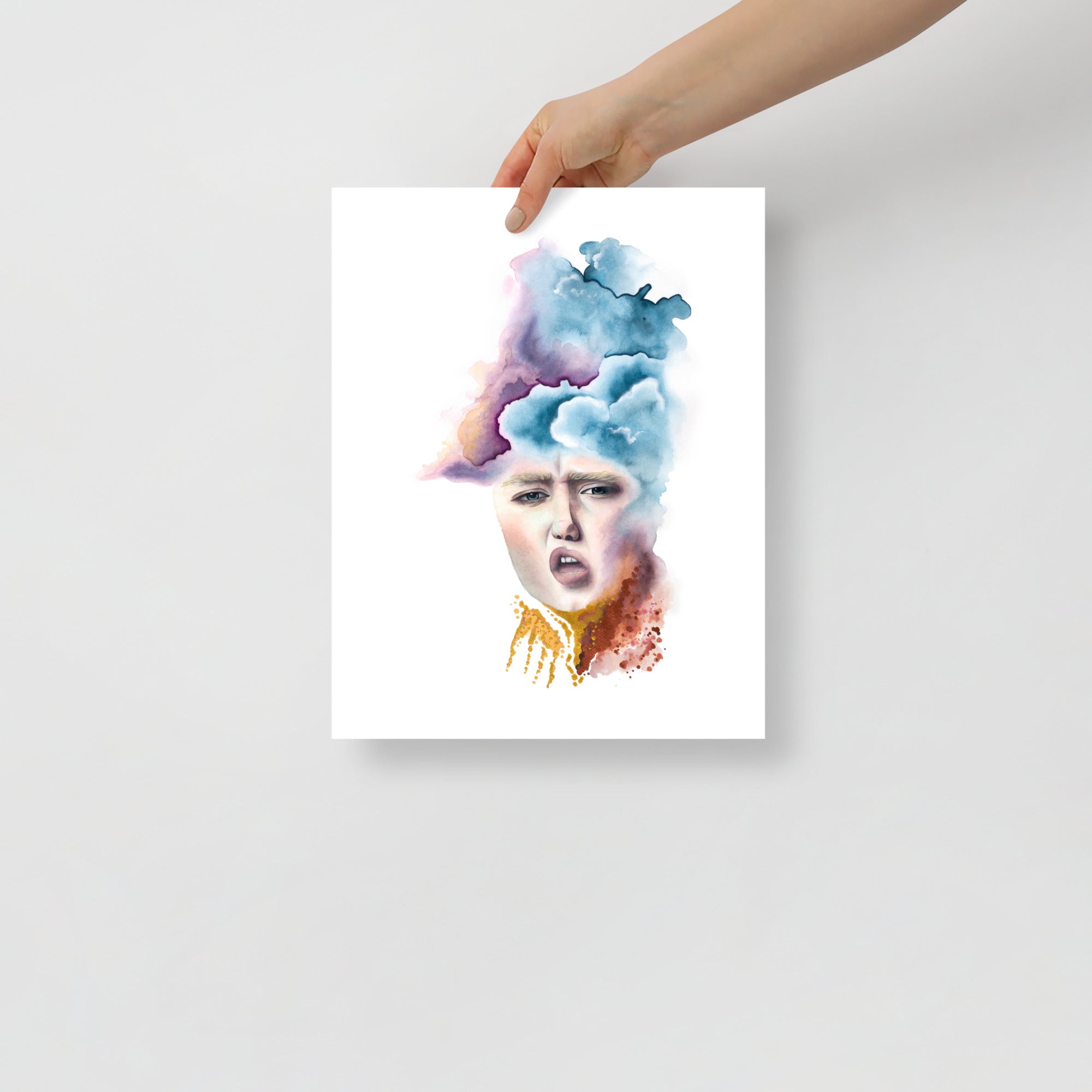 11x14 wall art mockup of “Tormented” by Paula Di Marco – a grief-inspired, surreal watercolor print from the Divine Feminine collection, exploring the depths of inner emotion.