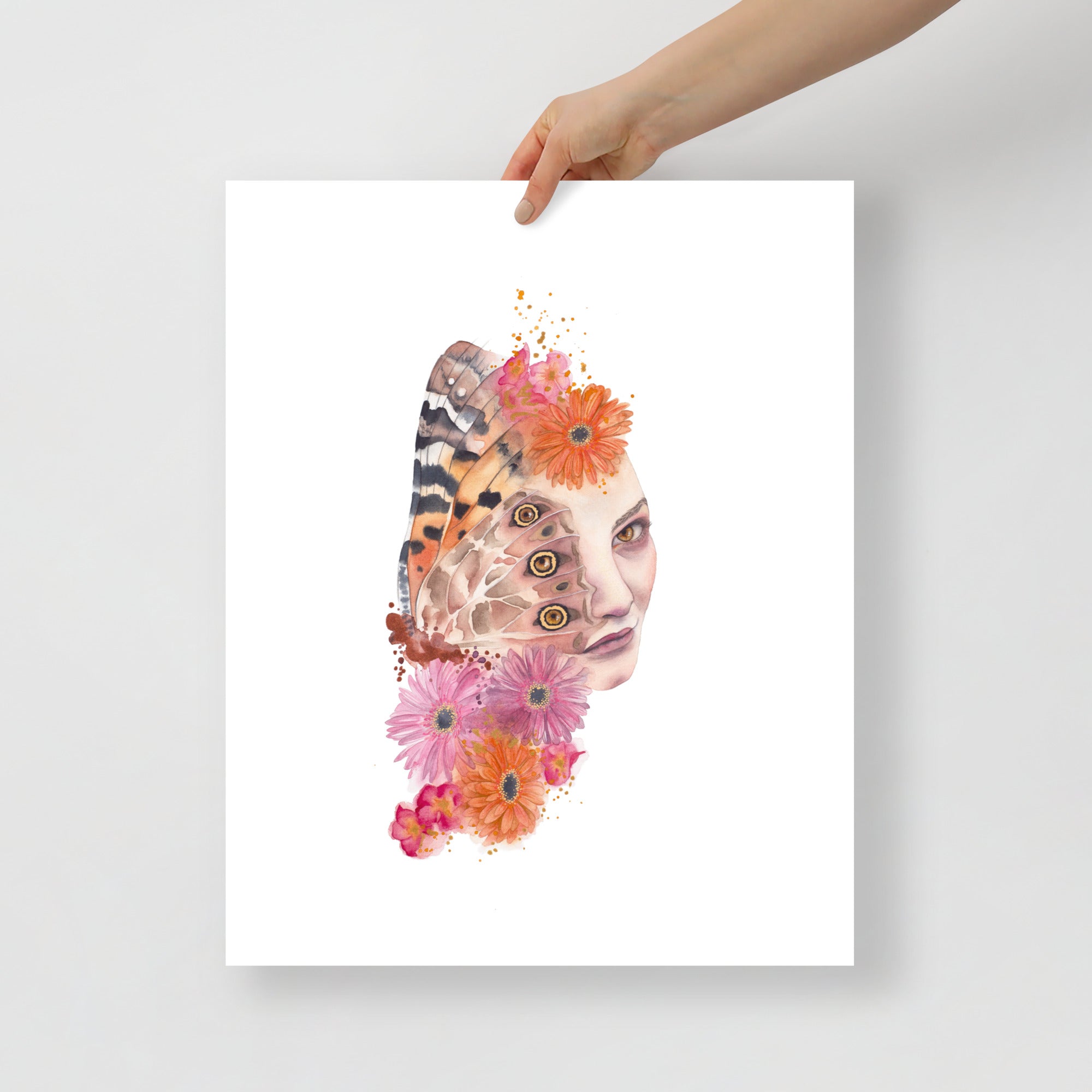 Look Closer by Paula Di Marco – surreal portrait of a woman with butterfly wings and vibrant orange and pink florals. Giclée art print displayed as an 16x20" unframed poster. Part of the Divine Feminine collection.