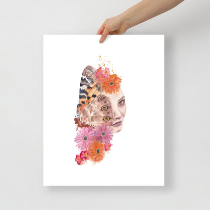 Look Closer by Paula Di Marco – surreal portrait of a woman with butterfly wings and vibrant orange and pink florals. Giclée art print displayed as an 16x20" unframed poster. Part of the Divine Feminine collection.