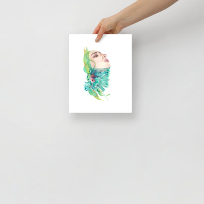 8x10 enhanced matte paper poster featuring Paula Di Marco’s surreal watercolor artwork of a mystical female portrait merging with flowing aquatic elements, ideal for emotional healing wall art or framed giclée prints.